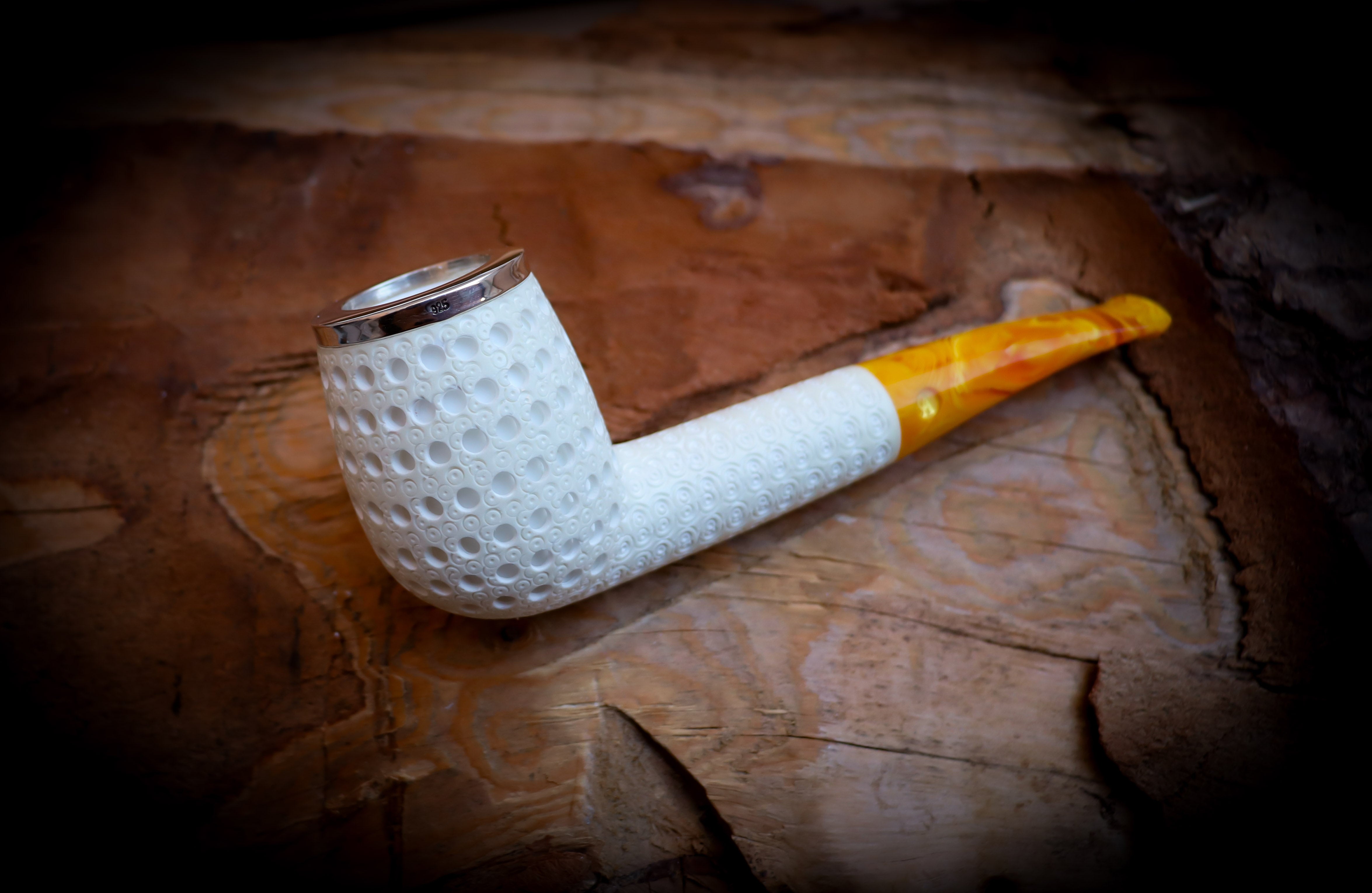 9MM Filtered Silver Embriodered Special Handmade Large Size Billard Meerschaum Pipe With Leather Box-Astaş Meerschaum