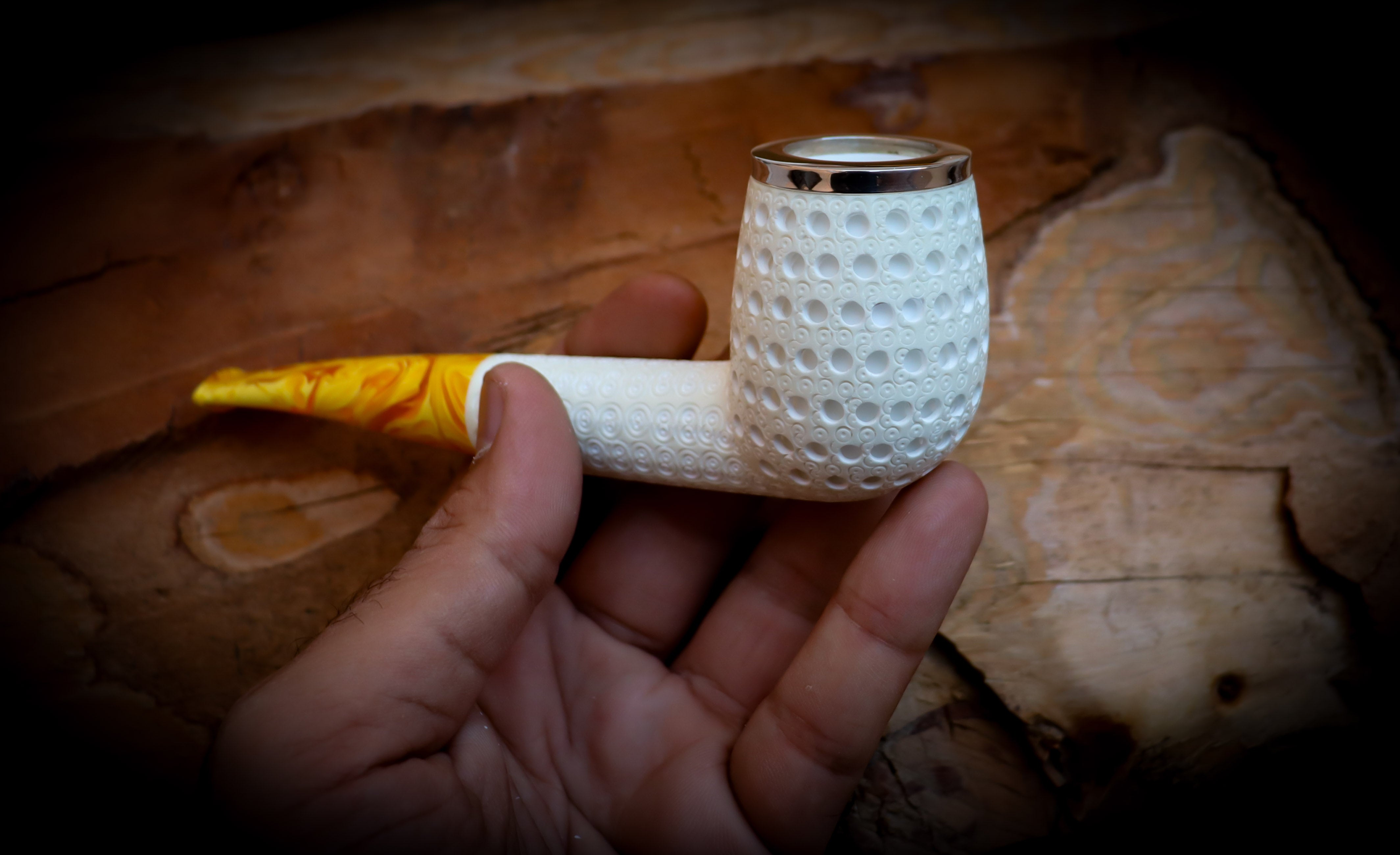 9MM Filtered Silver Embriodered Special Handmade Large Size Billard Meerschaum Pipe With Leather Box-Astaş Meerschaum