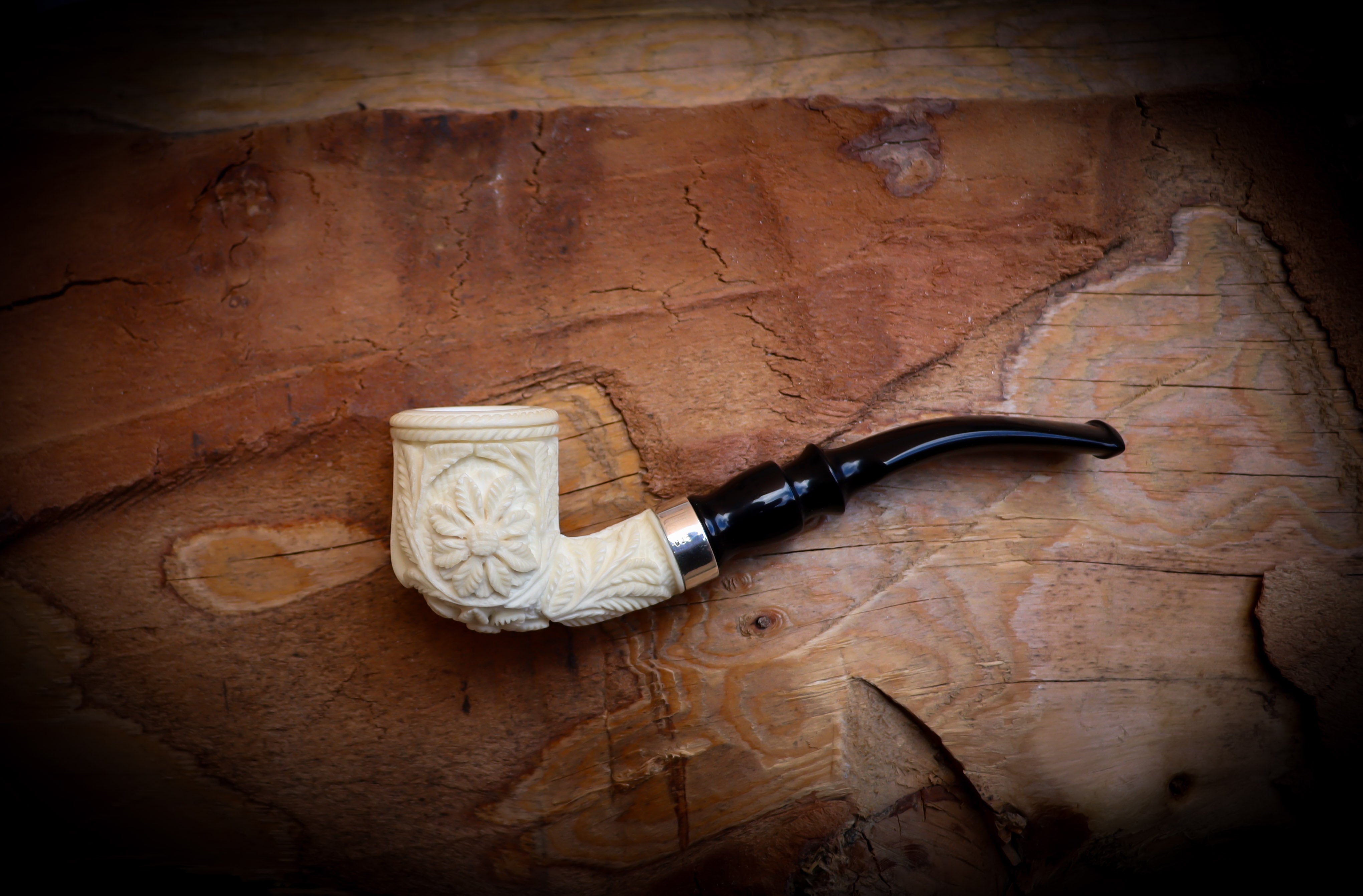 Floral Patterned Meerschaum, Special Handmade Block Meerschaum Pipe With Leather Box-Astaş Meerschaum