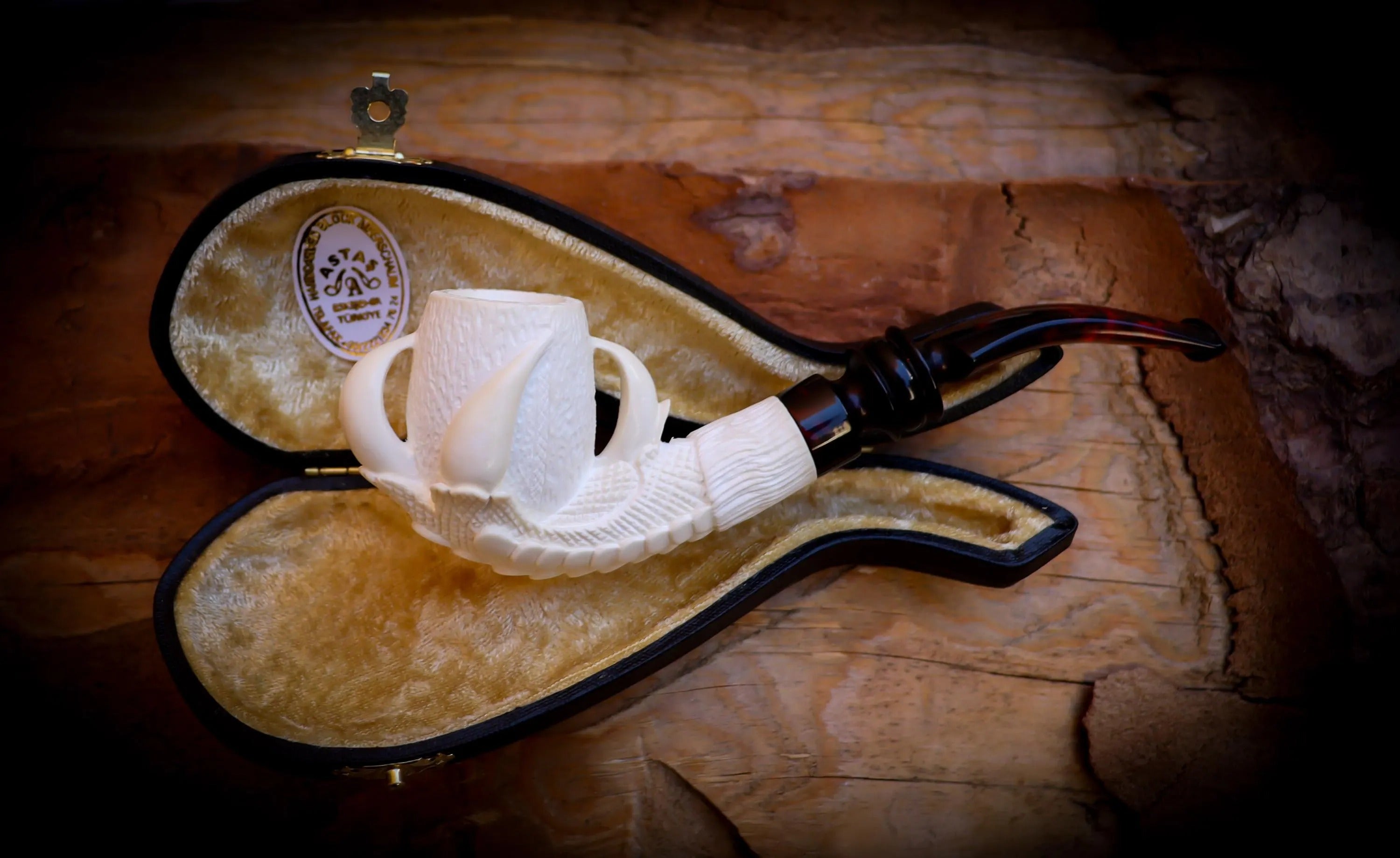 Rustic Patterned Special Handmade Eagle Claw Block Meerschaum Pipe With Leather Box-Astaş Meerschaum