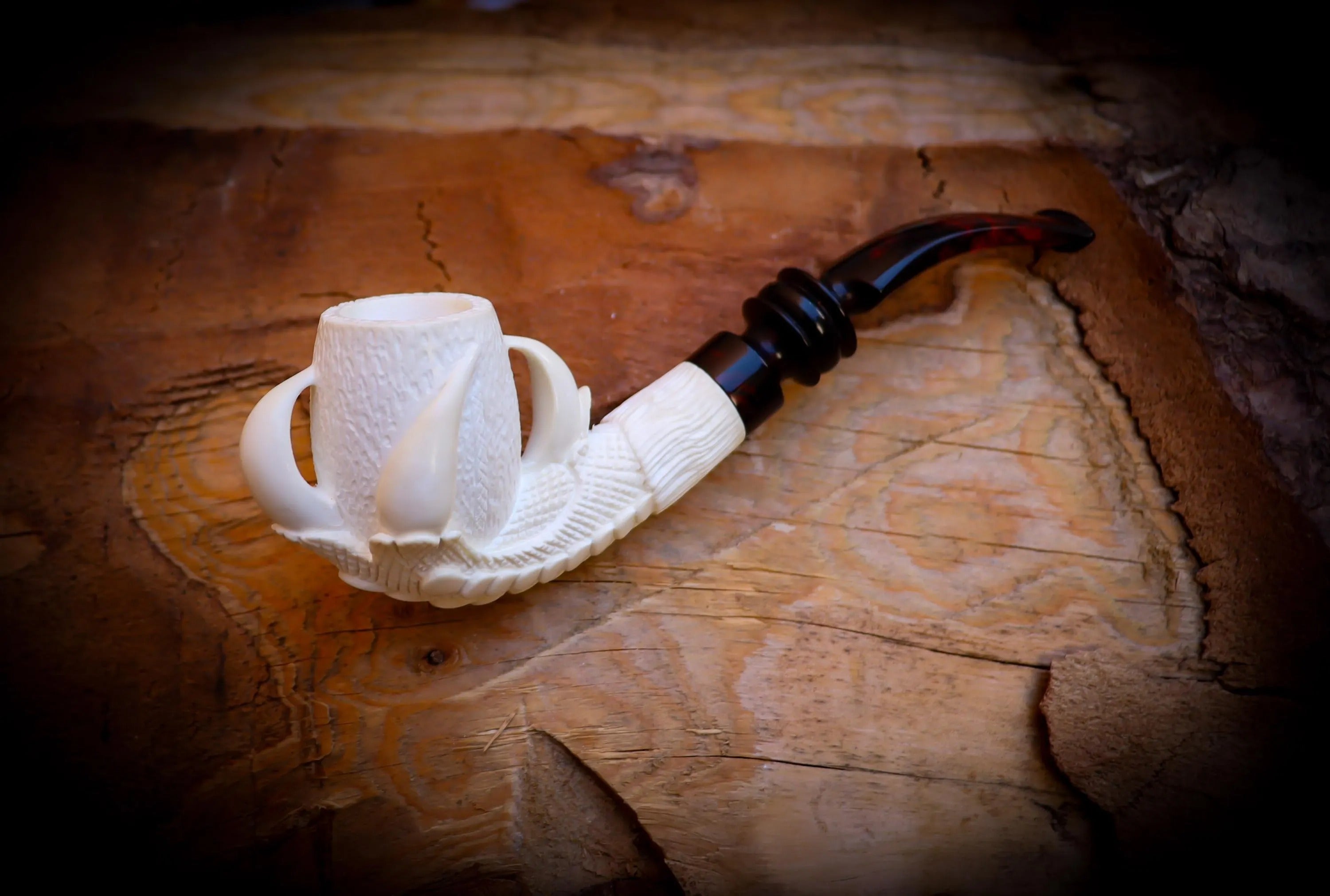 Rustic Patterned Special Handmade Eagle Claw Block Meerschaum Pipe With Leather Box-Astaş Meerschaum