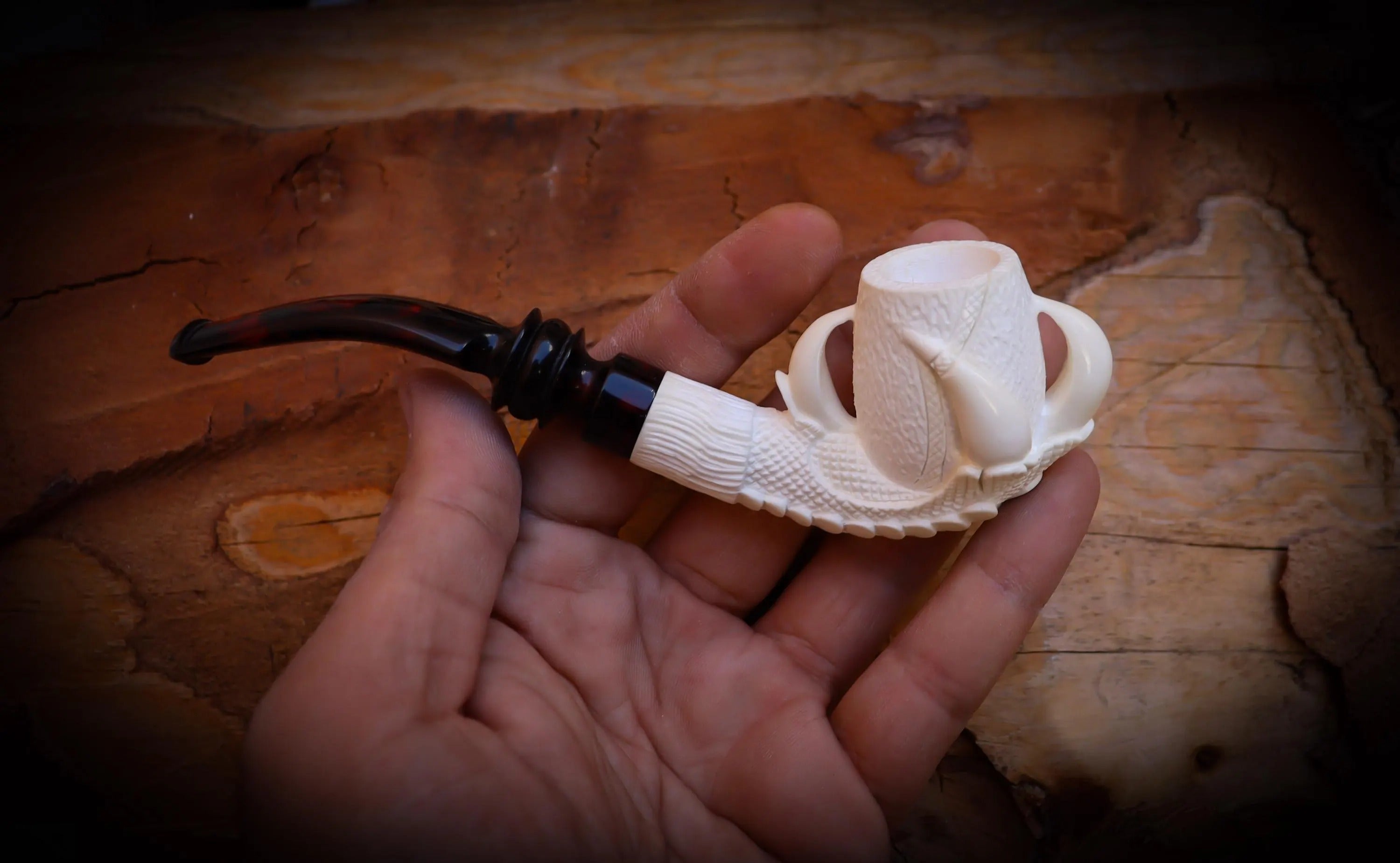 Rustic Patterned Special Handmade Eagle Claw Block Meerschaum Pipe With Leather Box-Astaş Meerschaum