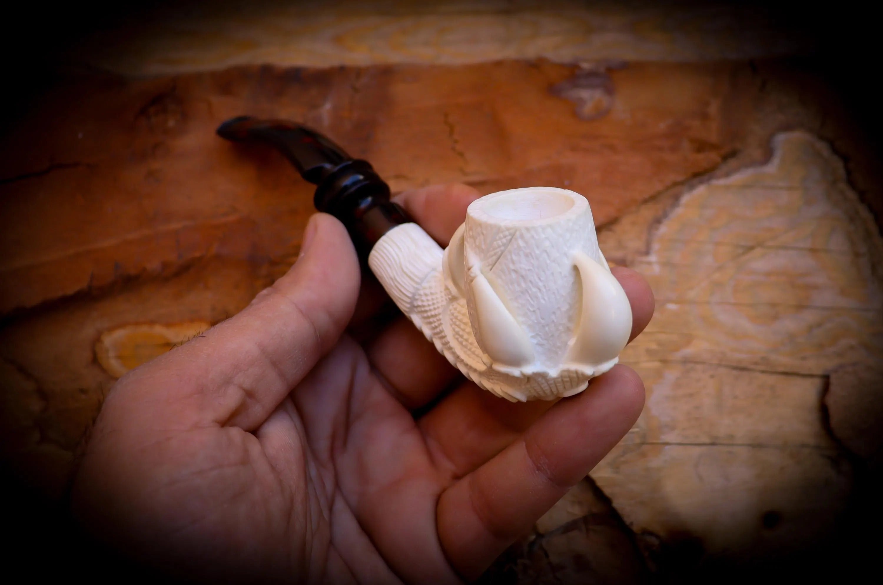 Rustic Patterned Special Handmade Eagle Claw Block Meerschaum Pipe With Leather Box-Astaş Meerschaum