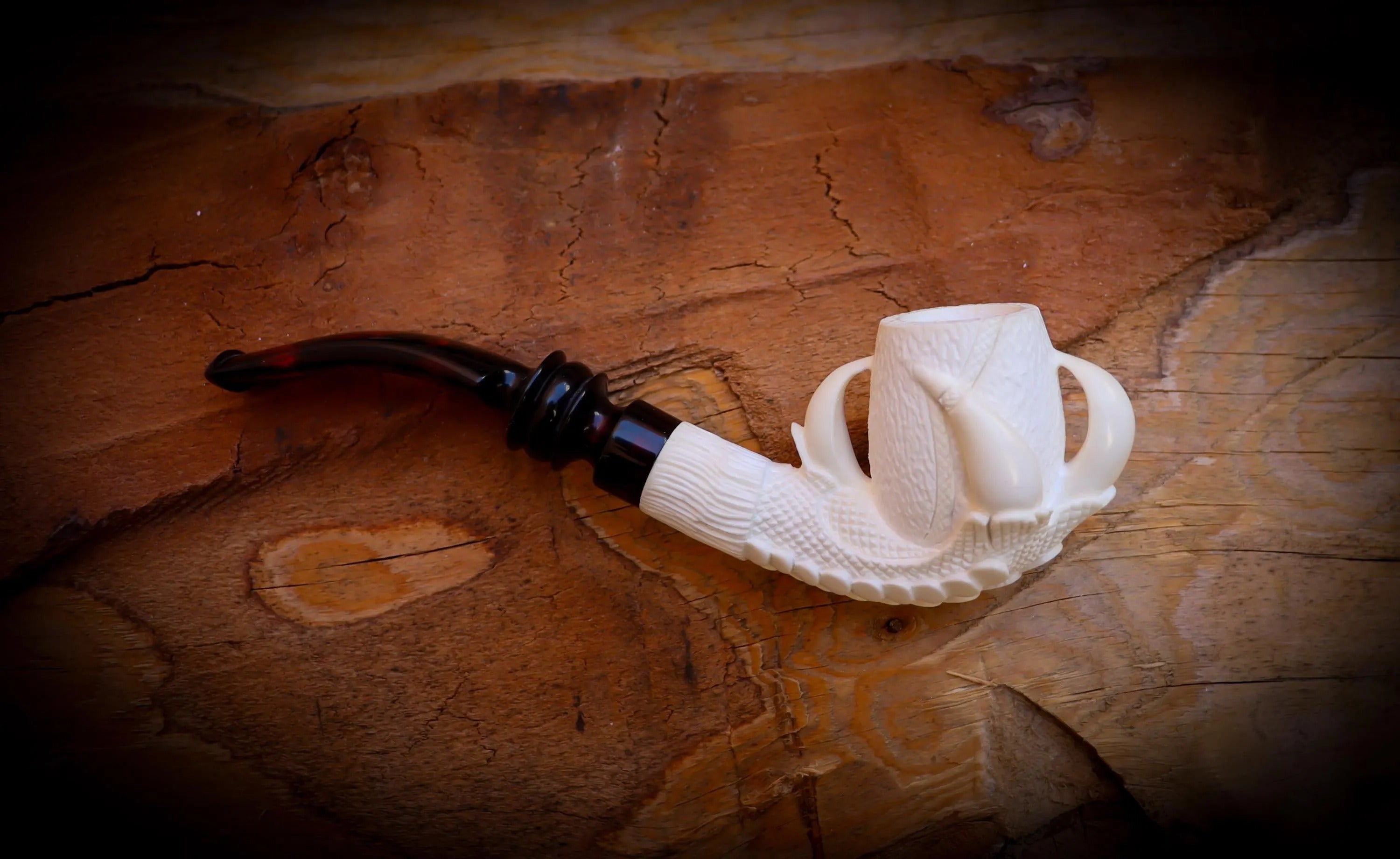 Rustic Patterned Special Handmade Eagle Claw Block Meerschaum Pipe With Leather Box-Astaş Meerschaum