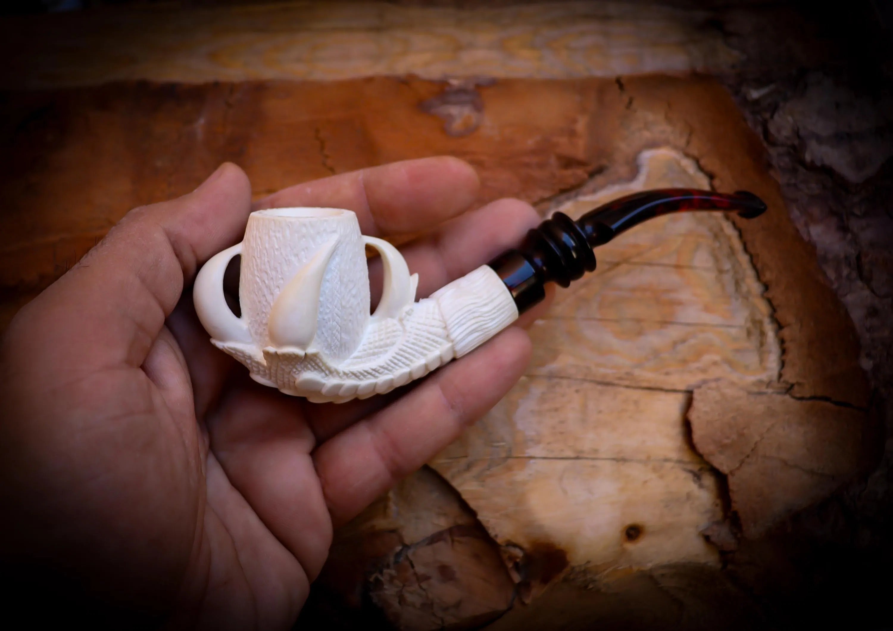 Rustic Patterned Special Handmade Eagle Claw Block Meerschaum Pipe With Leather Box-Astaş Meerschaum