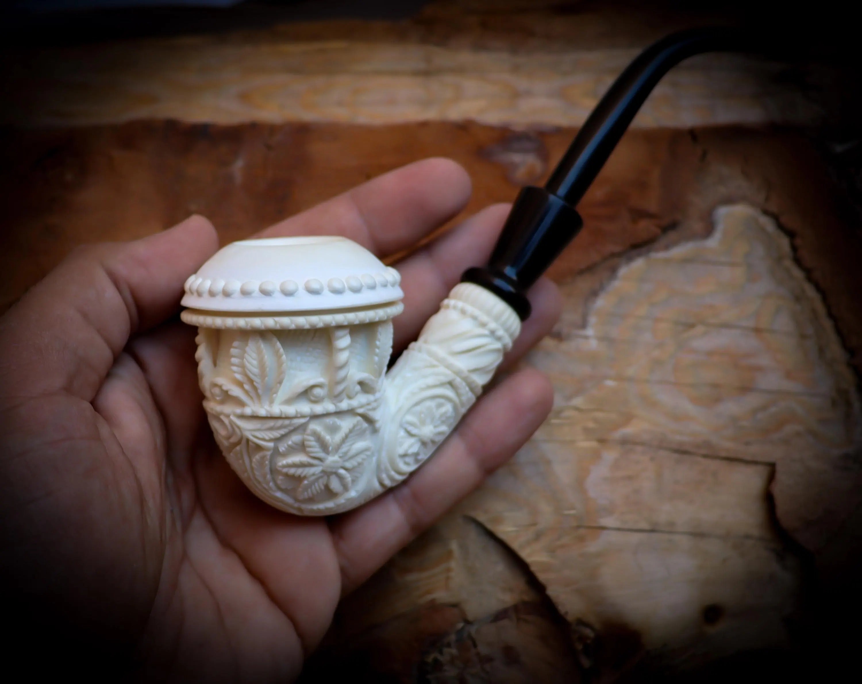 Calabash Meerschaum, Special Handmade Large Size Flower Patterned Calabash Meerschaum Pipe With Leather Box-Astaş Meerschaum