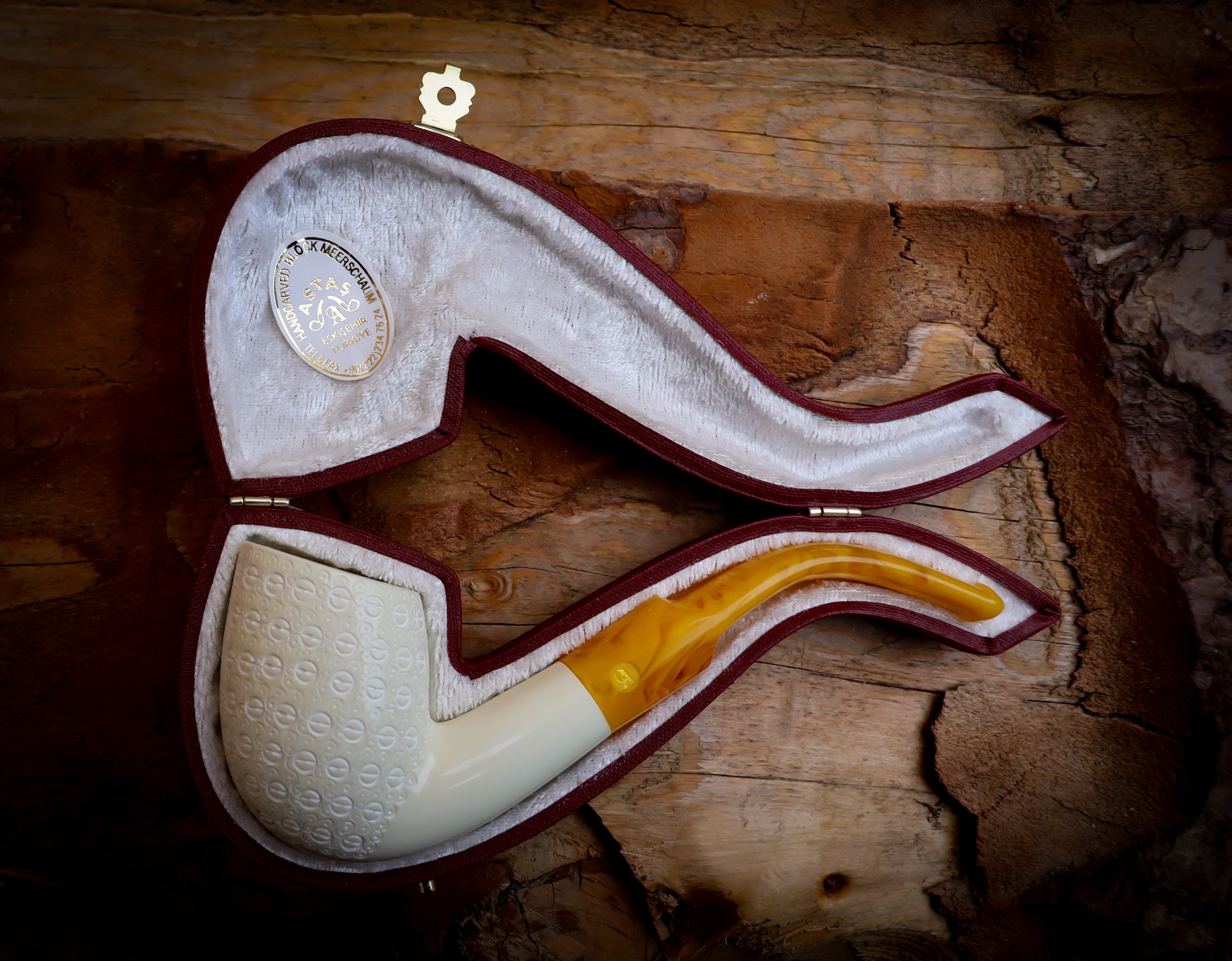 Embriodered Premium Block Cobra Meerschaum Pipe With Leather Case-Astaş Meerschaum