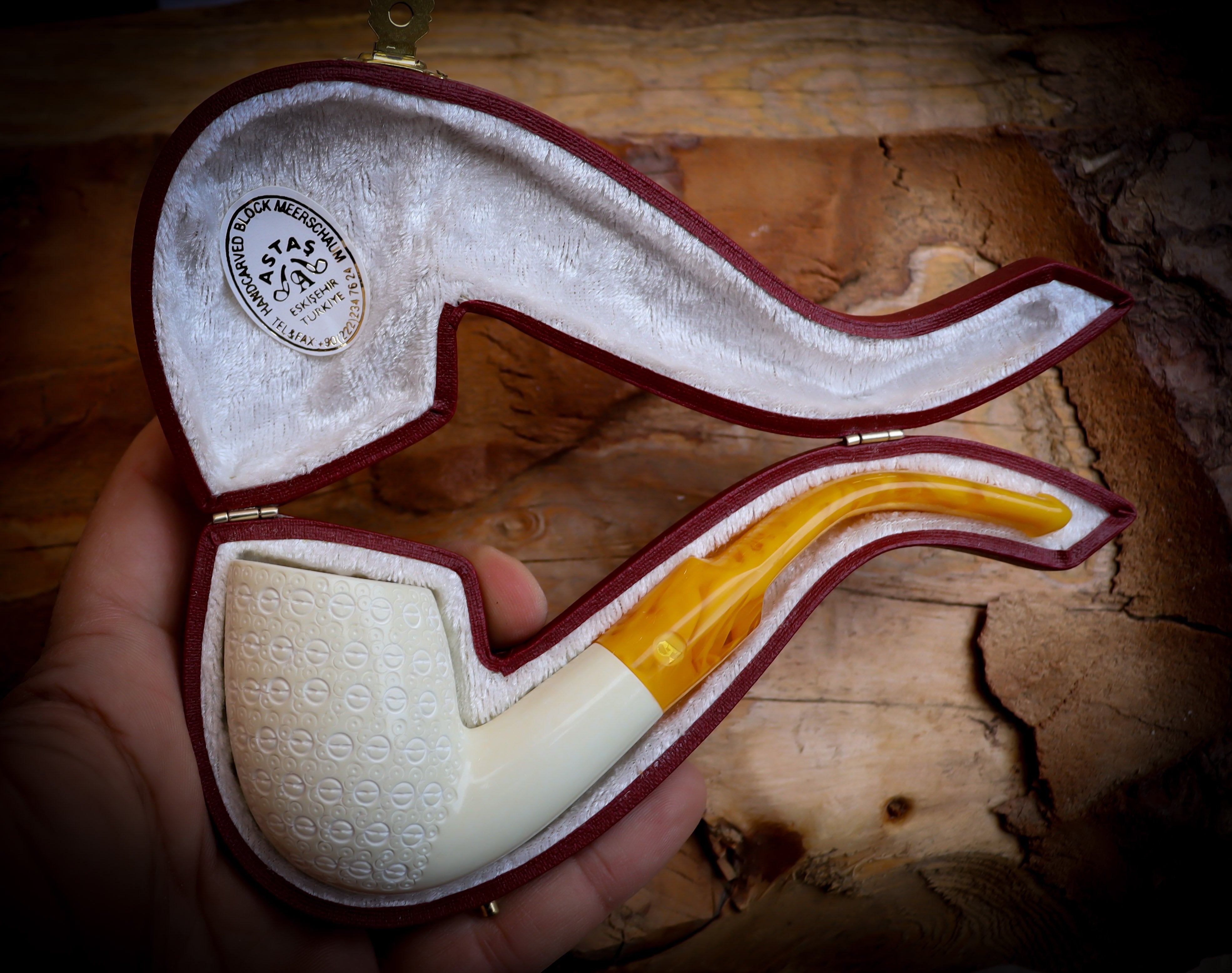 Embriodered Premium Block Cobra Meerschaum Pipe With Leather Case-Astaş Meerschaum