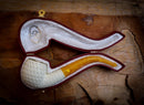 Embriodered Premium Block Bent Meerschaum Pipe With Leather Case-Astaş Meerschaum