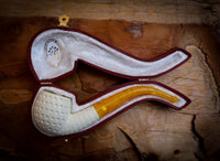 Embriodered Premium Block Bent Meerschaum Pipe With Leather Case-Astaş Meerschaum