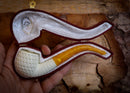 Embriodered Premium Block Bent Meerschaum Pipe With Leather Case-Astaş Meerschaum