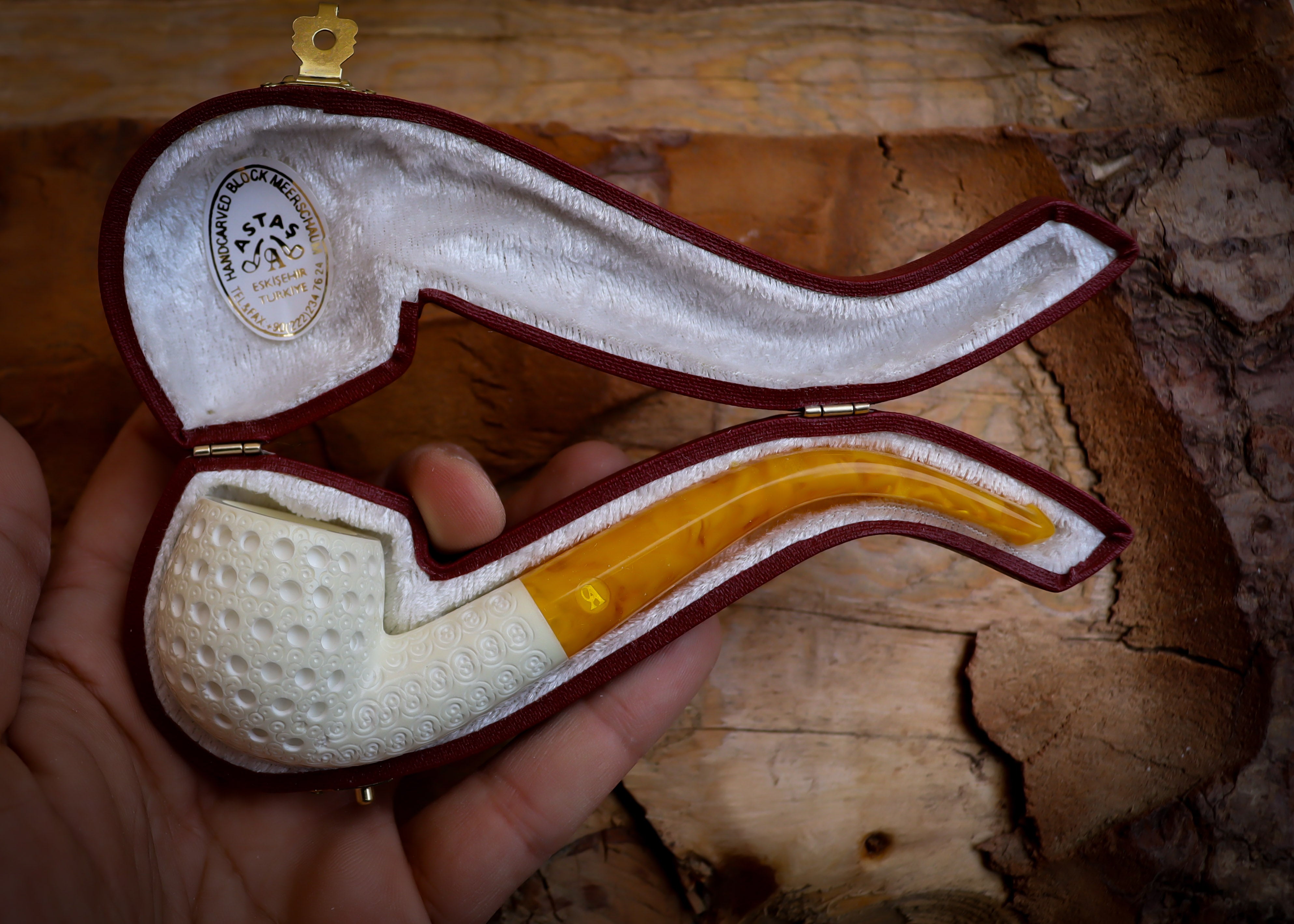 Embriodered Premium Block Bent Meerschaum Pipe With Leather Case-Astaş Meerschaum