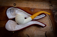 Embriodered Premium Block Bent Meerschaum Pipe With Leather Case-Astaş Meerschaum