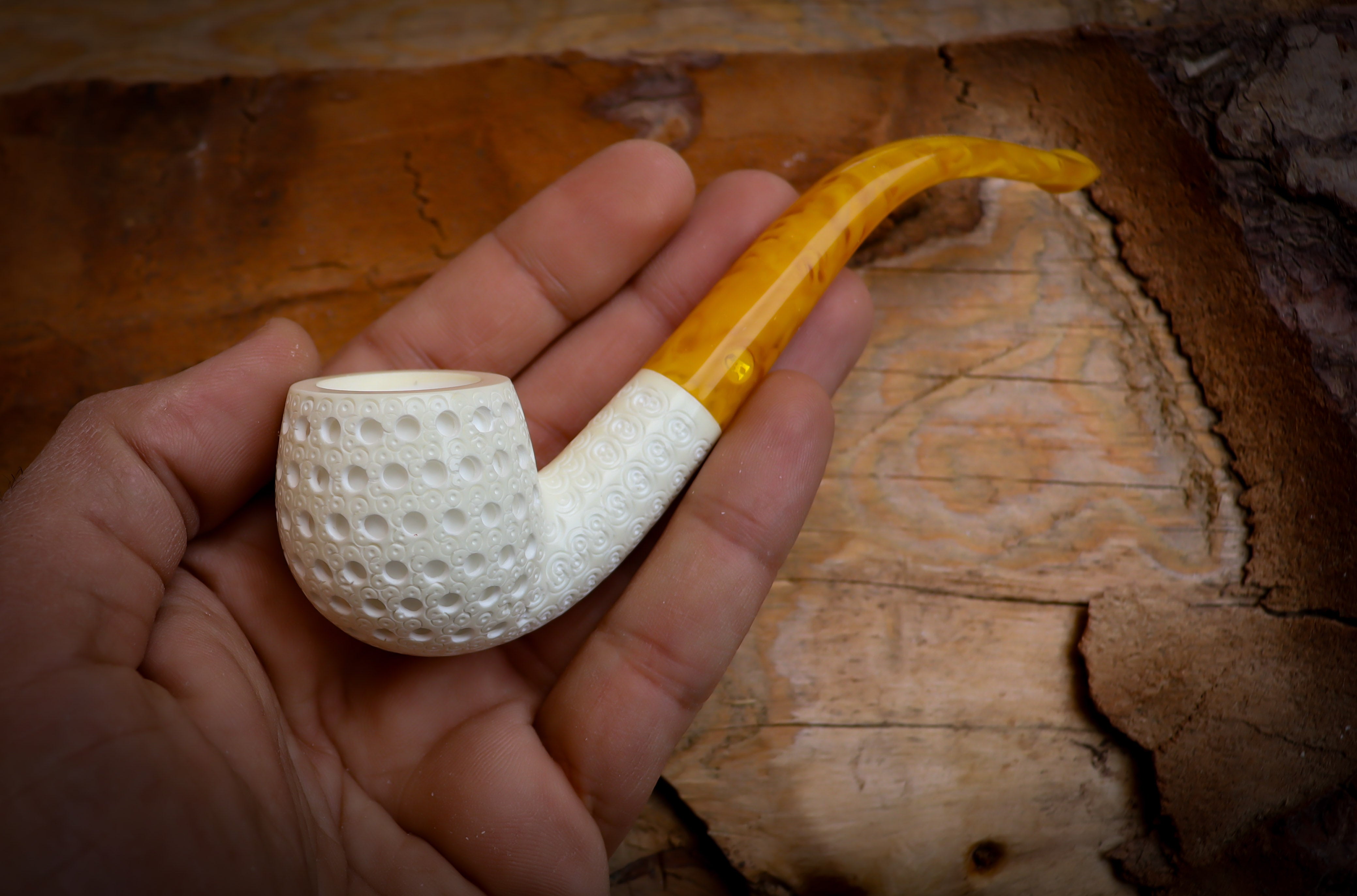 Embriodered Premium Block Bent Meerschaum Pipe With Leather Case-Astaş Meerschaum
