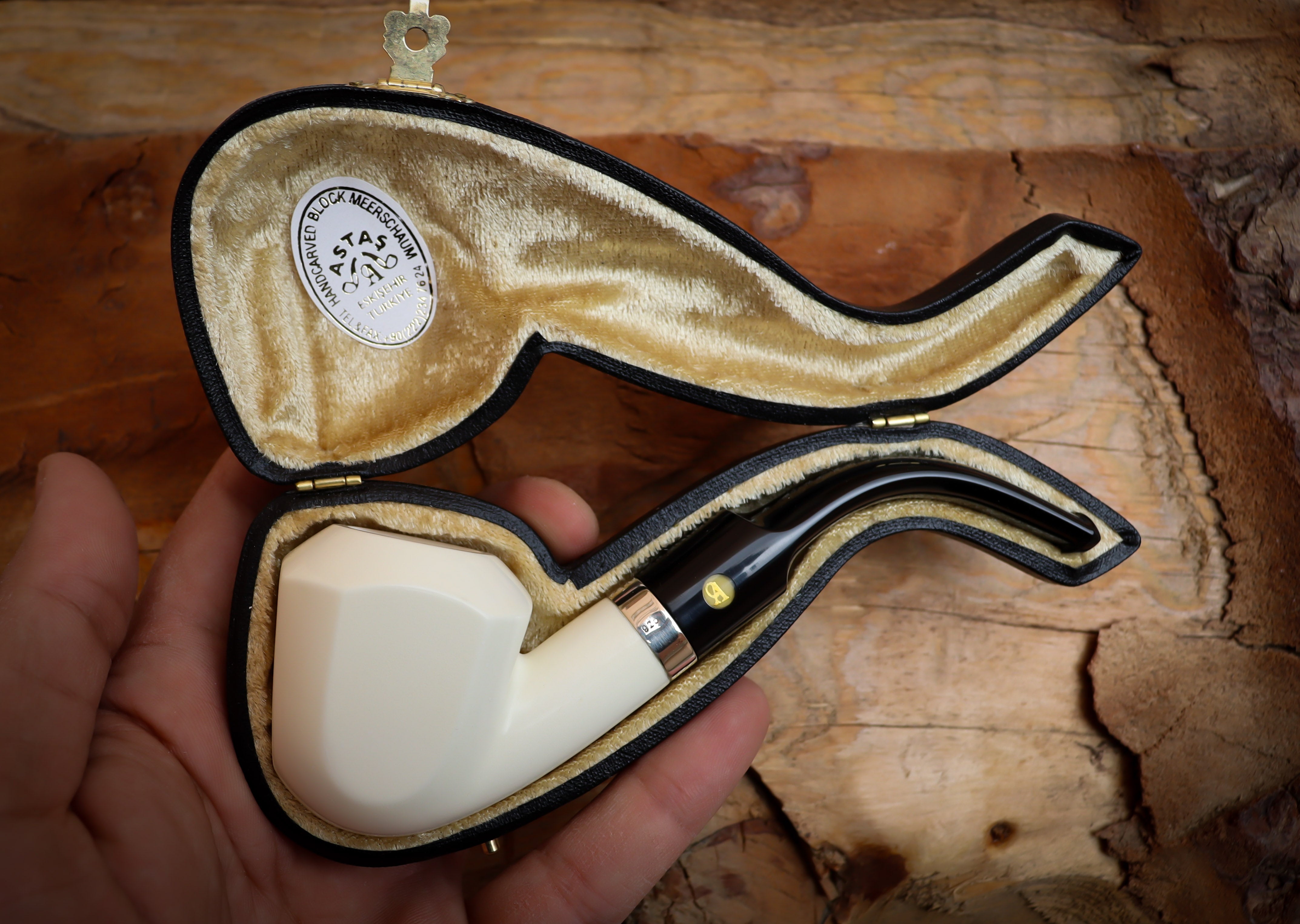 Silver Smooth Special Handmade Panel Block Meerschaum Pipe With Leather Box- Astaş Meerschaum