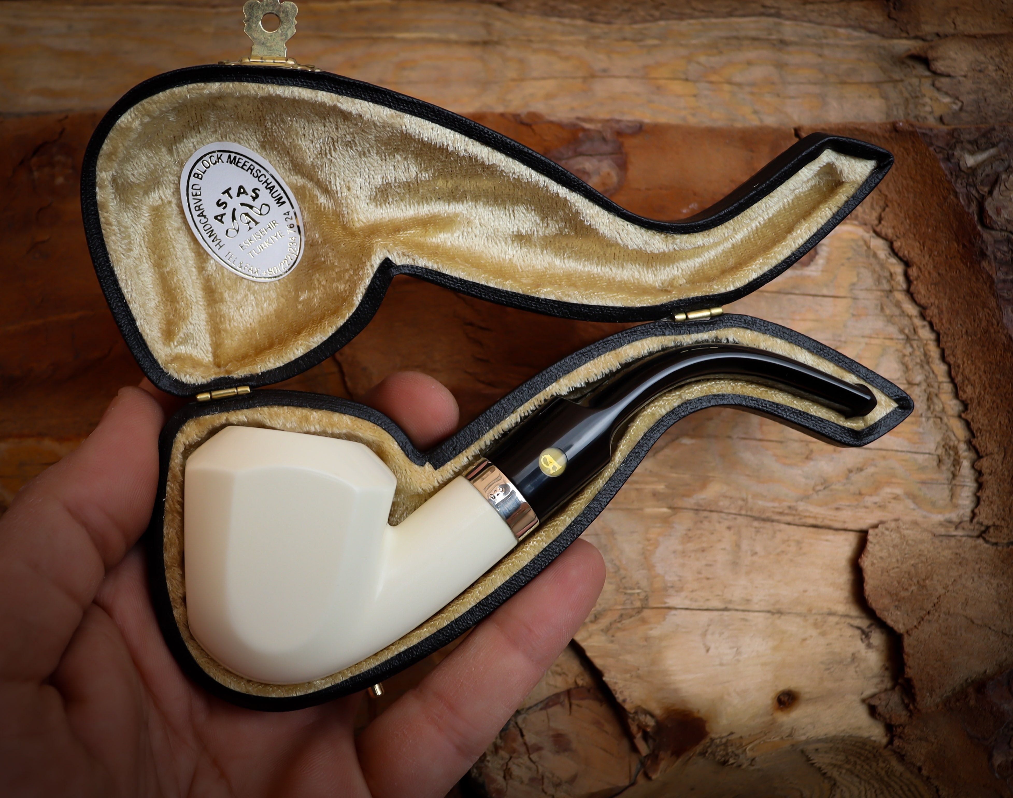 Silver Smooth Special Handmade Panel Block Meerschaum Pipe With Leather Box- Astaş Meerschaum