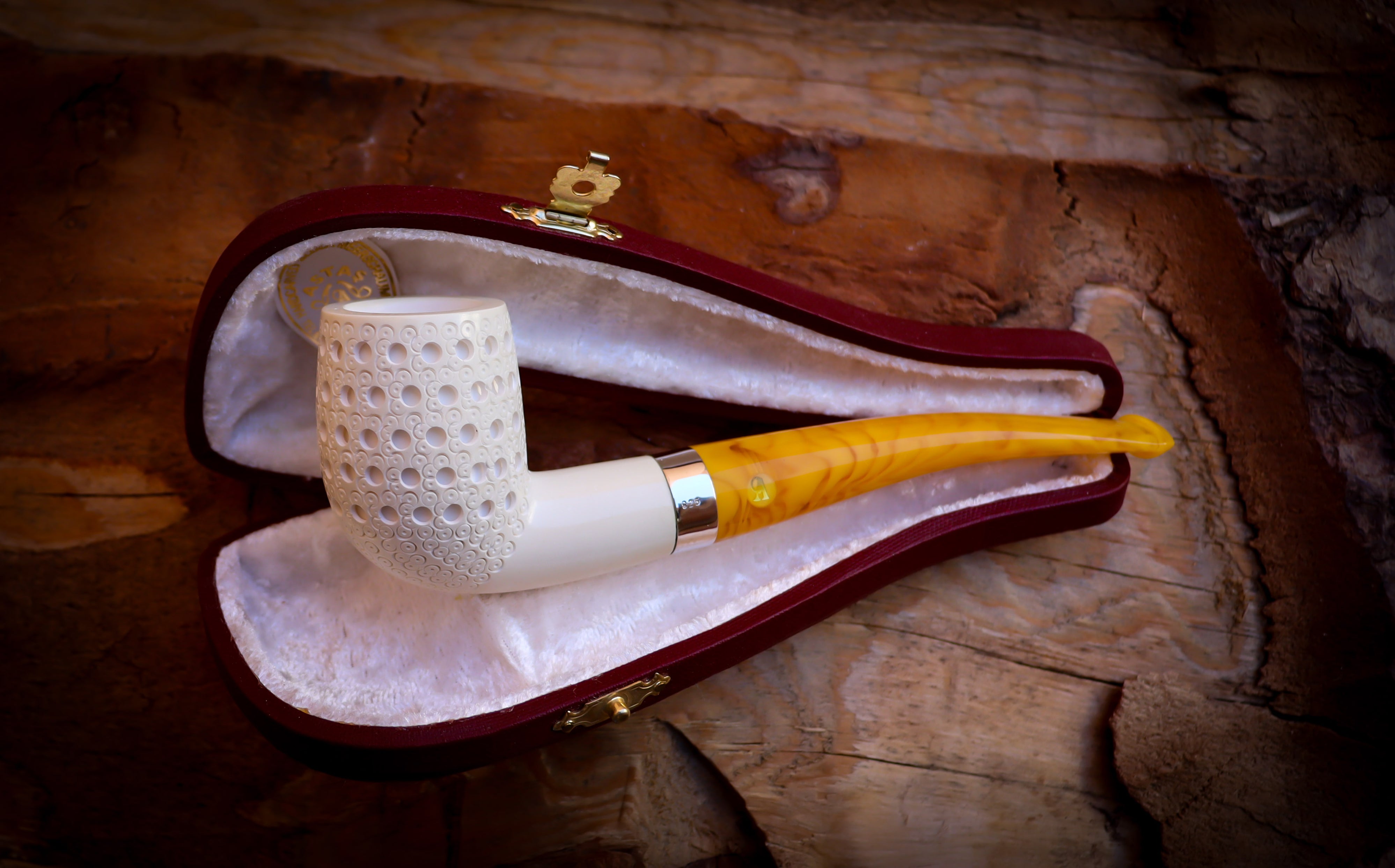 Silver Embriodered Half Bent Meerschaum Pipe With Leather Box- Astaş Meerschaum