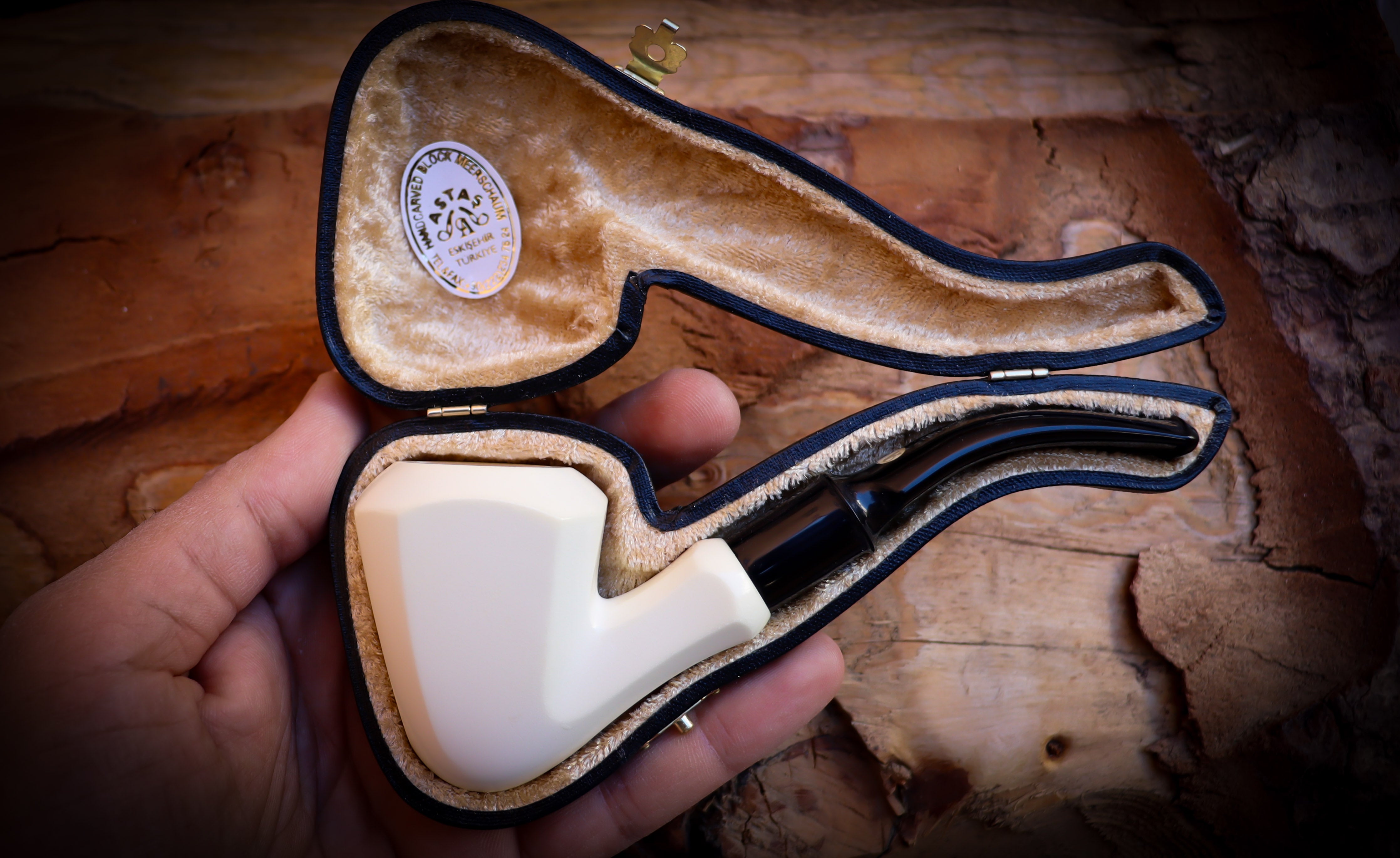 Smooth Special Hand Crafted Panel Model Meerschaum Pipe With Leather Box-Astaş Meerschaum