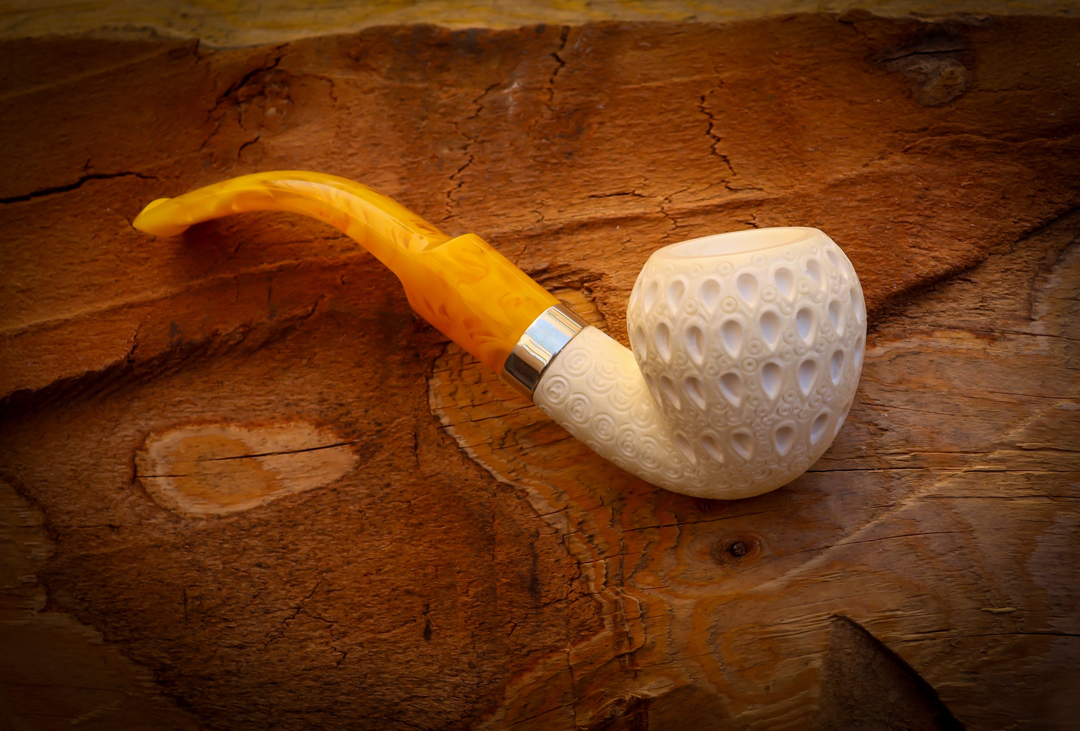 Silver Latticed Special Handmade Pear Meerschaum Pipe With Leather Box- Astaş Meerschaum