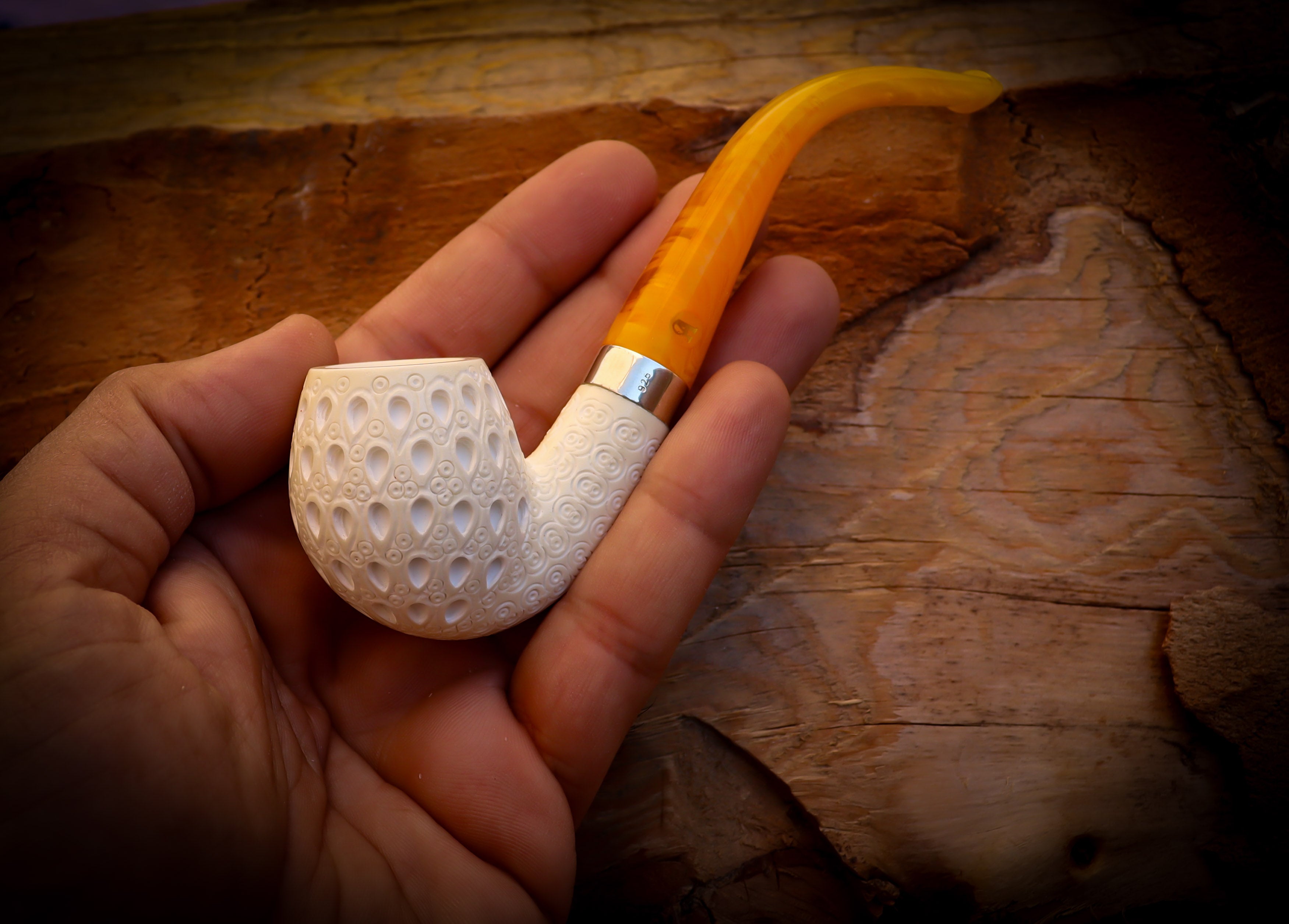 Apple Meerschaum, Silver Latticed Apple Meerschaum Pipe With Leathear Box- Astaş Meerschaum