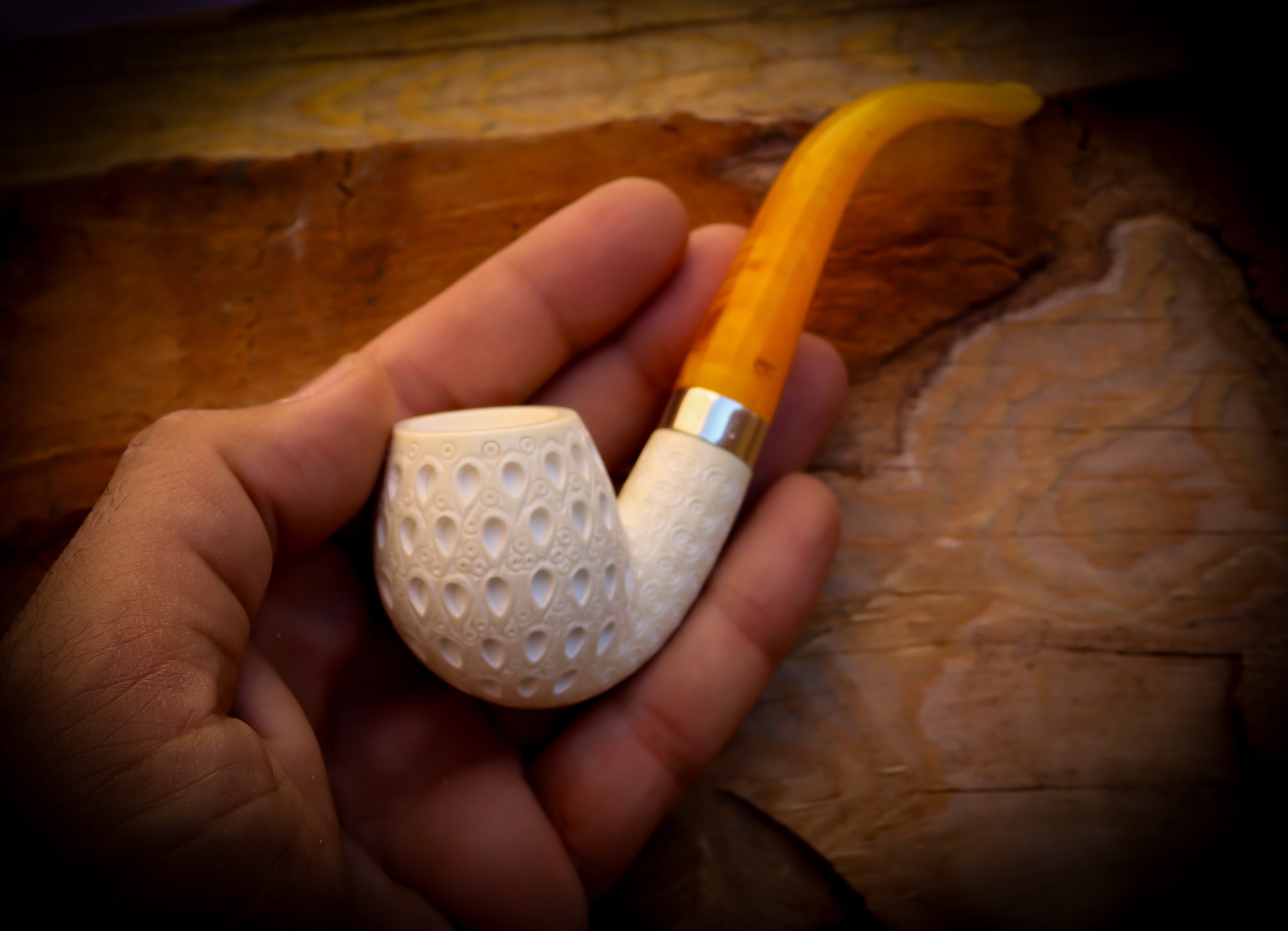 Apple Meerschaum, Silver Latticed Apple Meerschaum Pipe With Leathear Box- Astaş Meerschaum