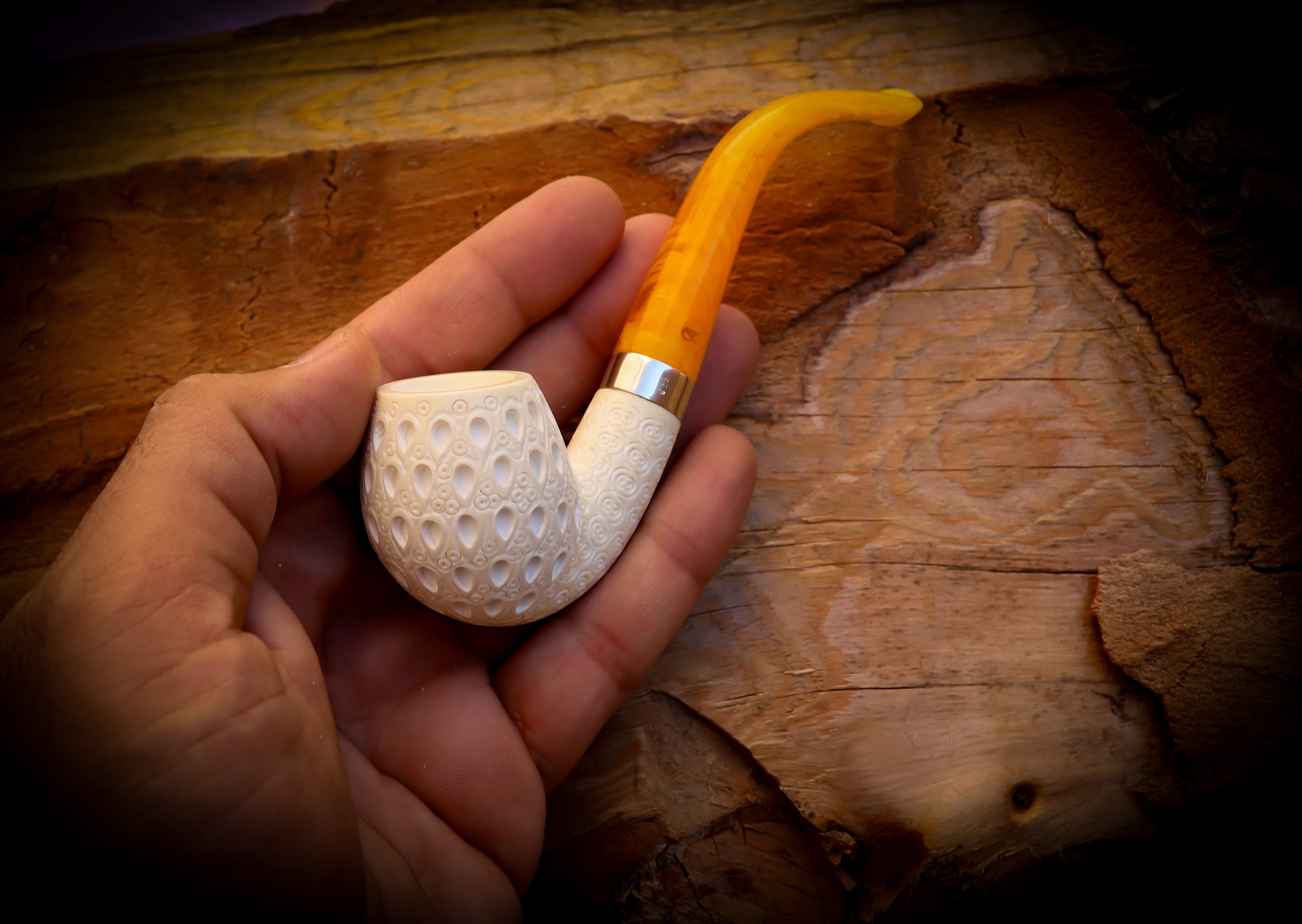 Apple Meerschaum, Silver Latticed Apple Meerschaum Pipe With Leathear Box- Astaş Meerschaum