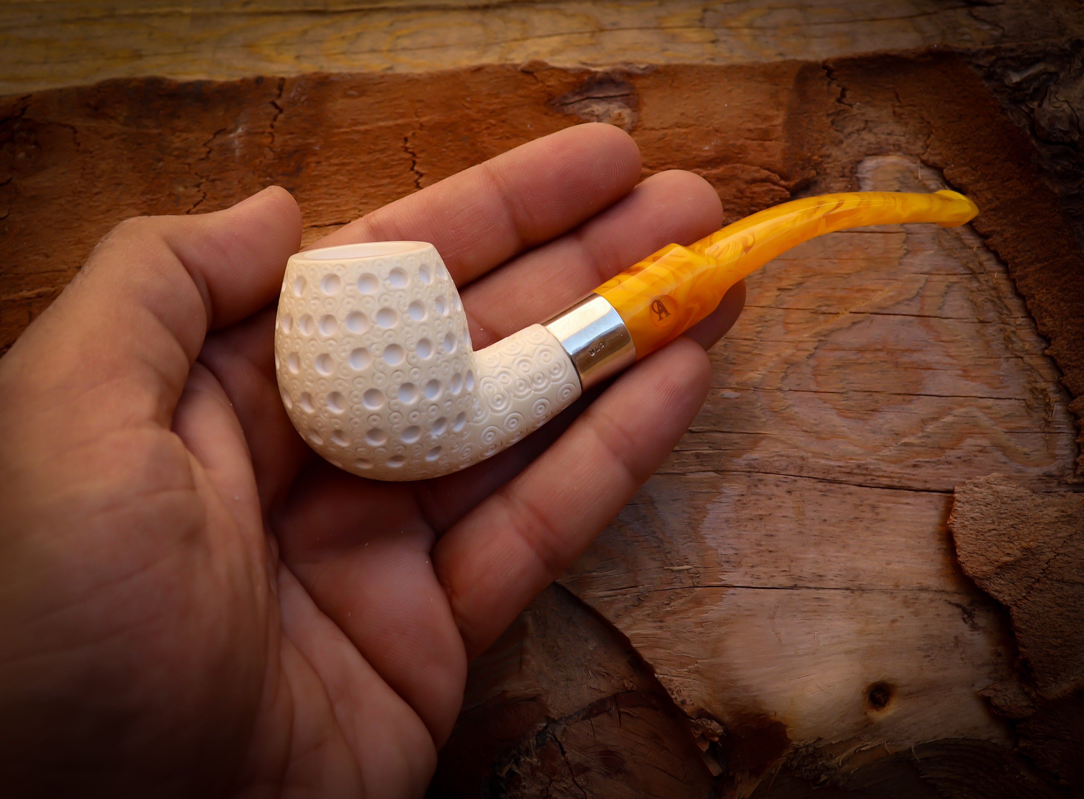 Apple Meerschaum, Silver Latticed Apple Meerschaum Pipe With Leathear Box- Astaş Meerschaum