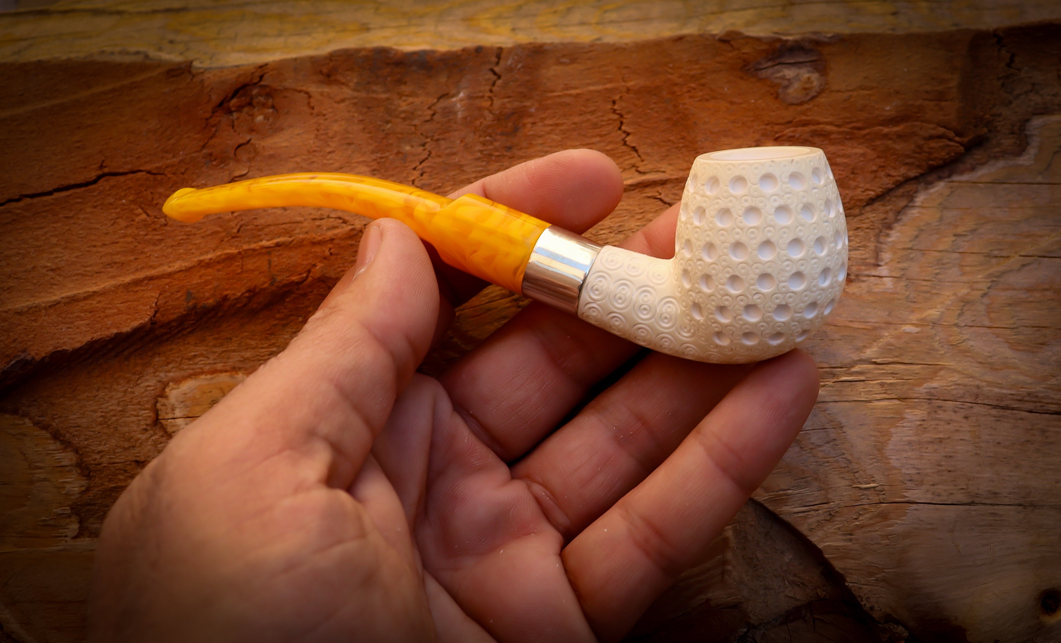 Apple Meerschaum, Silver Latticed Apple Meerschaum Pipe With Leathear Box- Astaş Meerschaum