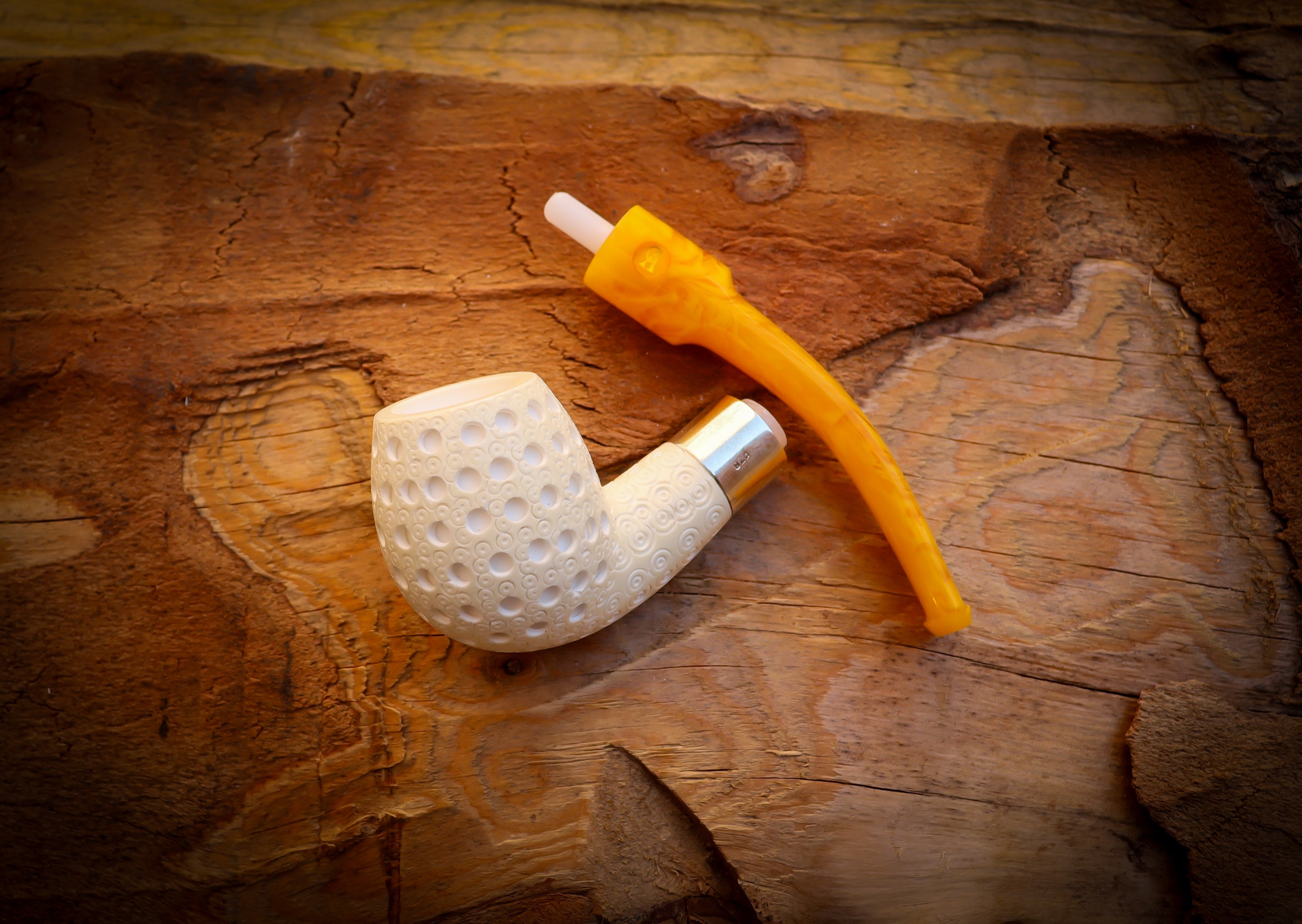 Apple Meerschaum, Silver Latticed Apple Meerschaum Pipe With Leathear Box- Astaş Meerschaum