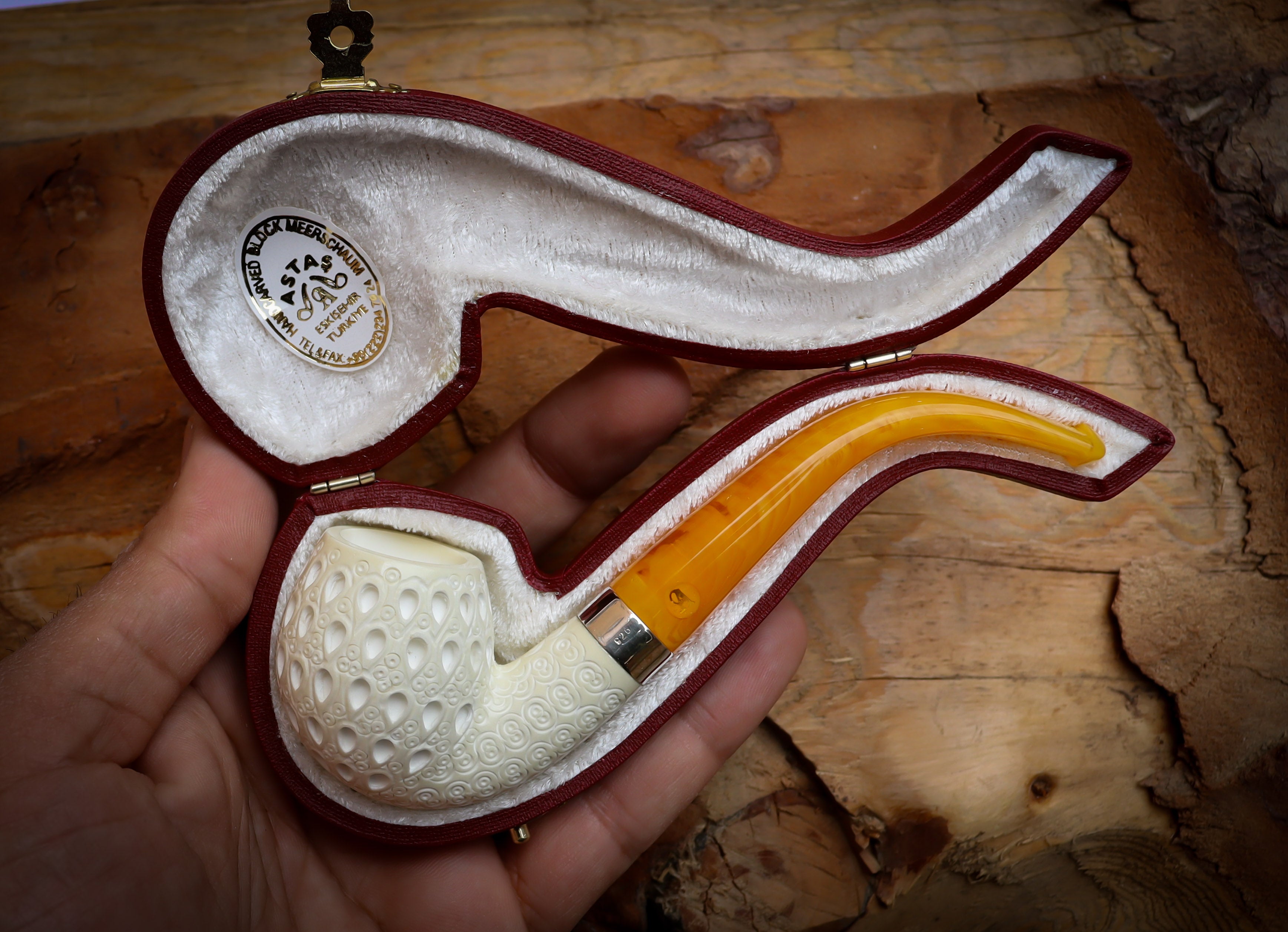 Apple Meerschaum, Silver Latticed Apple Meerschaum Pipe With Leathear Box- Astaş Meerschaum