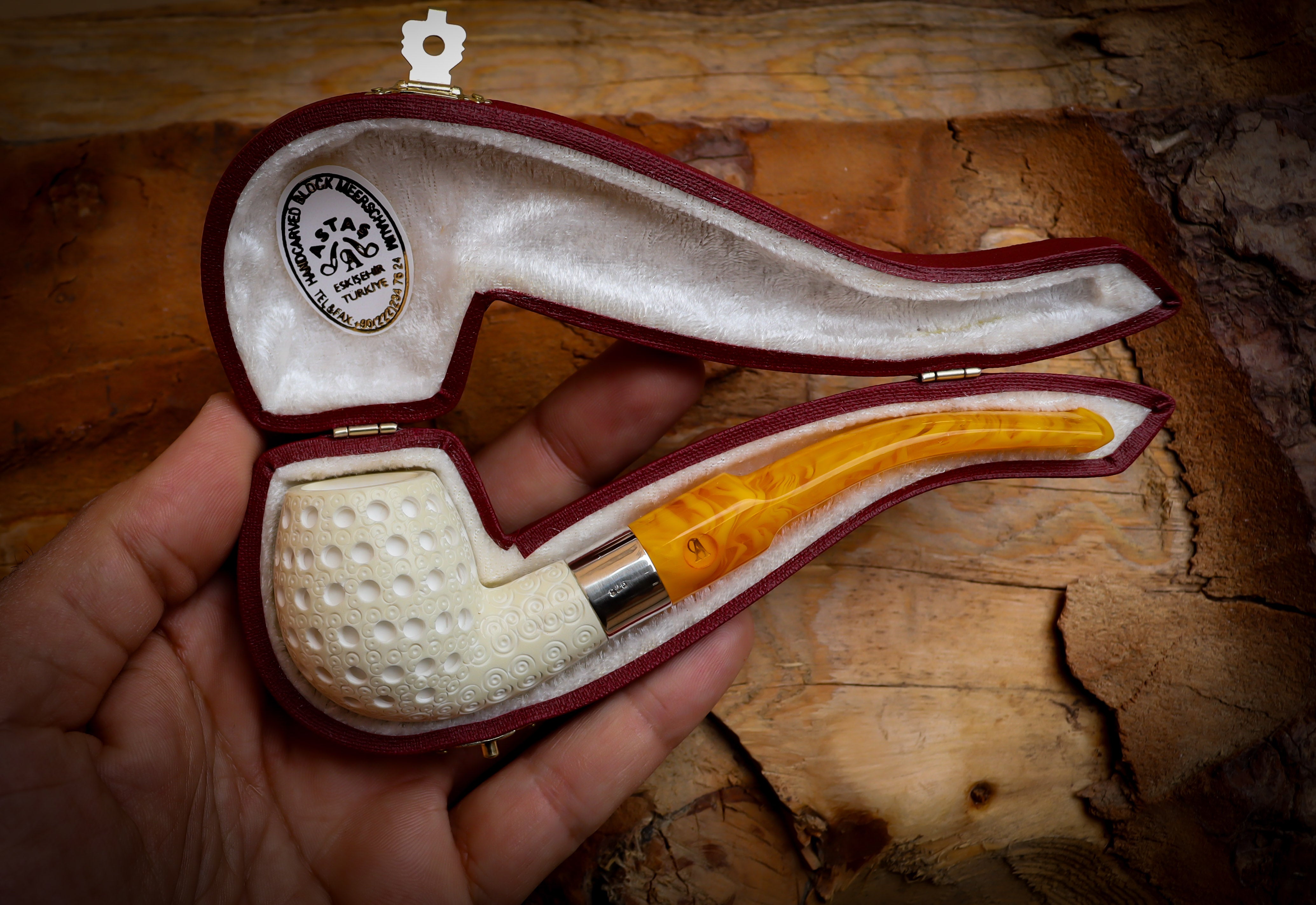 Apple Meerschaum, Silver Latticed Apple Meerschaum Pipe With Leathear Box- Astaş Meerschaum