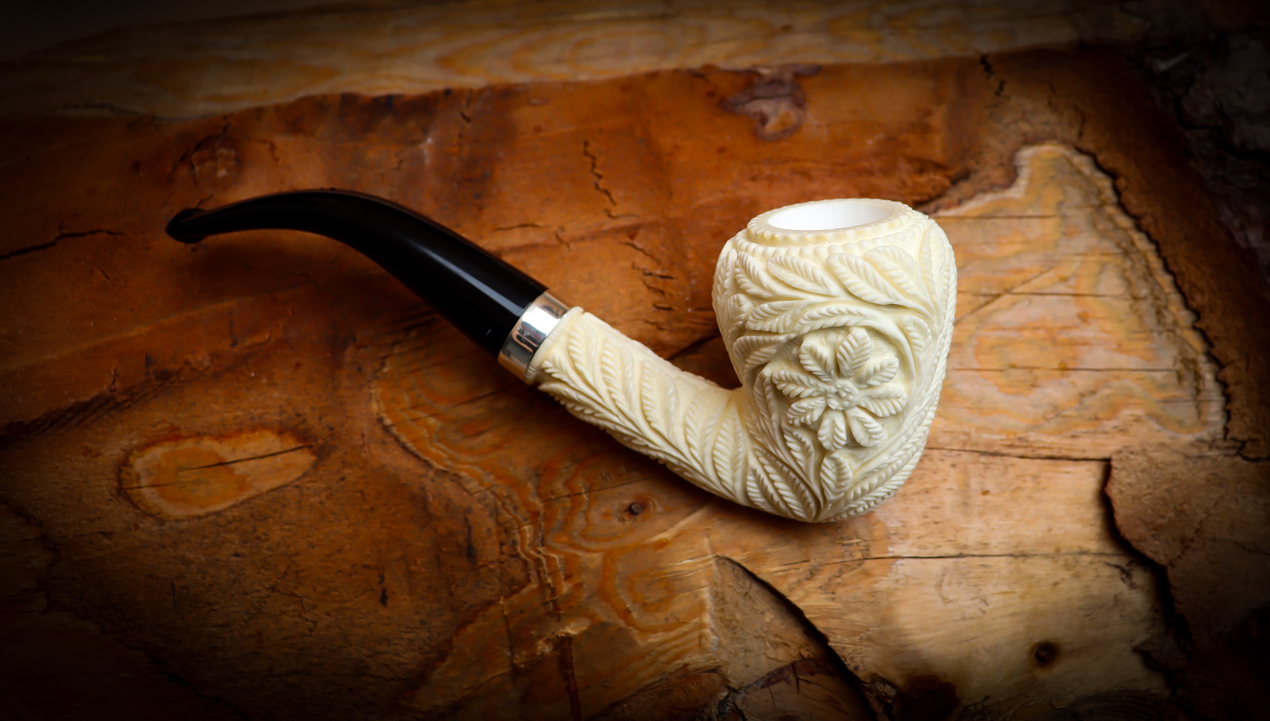 Floral Patterned Meerschaum, Silver Special Handmade Pear Meerschaum Pipe With Leather Box-Astaş Meerschaum