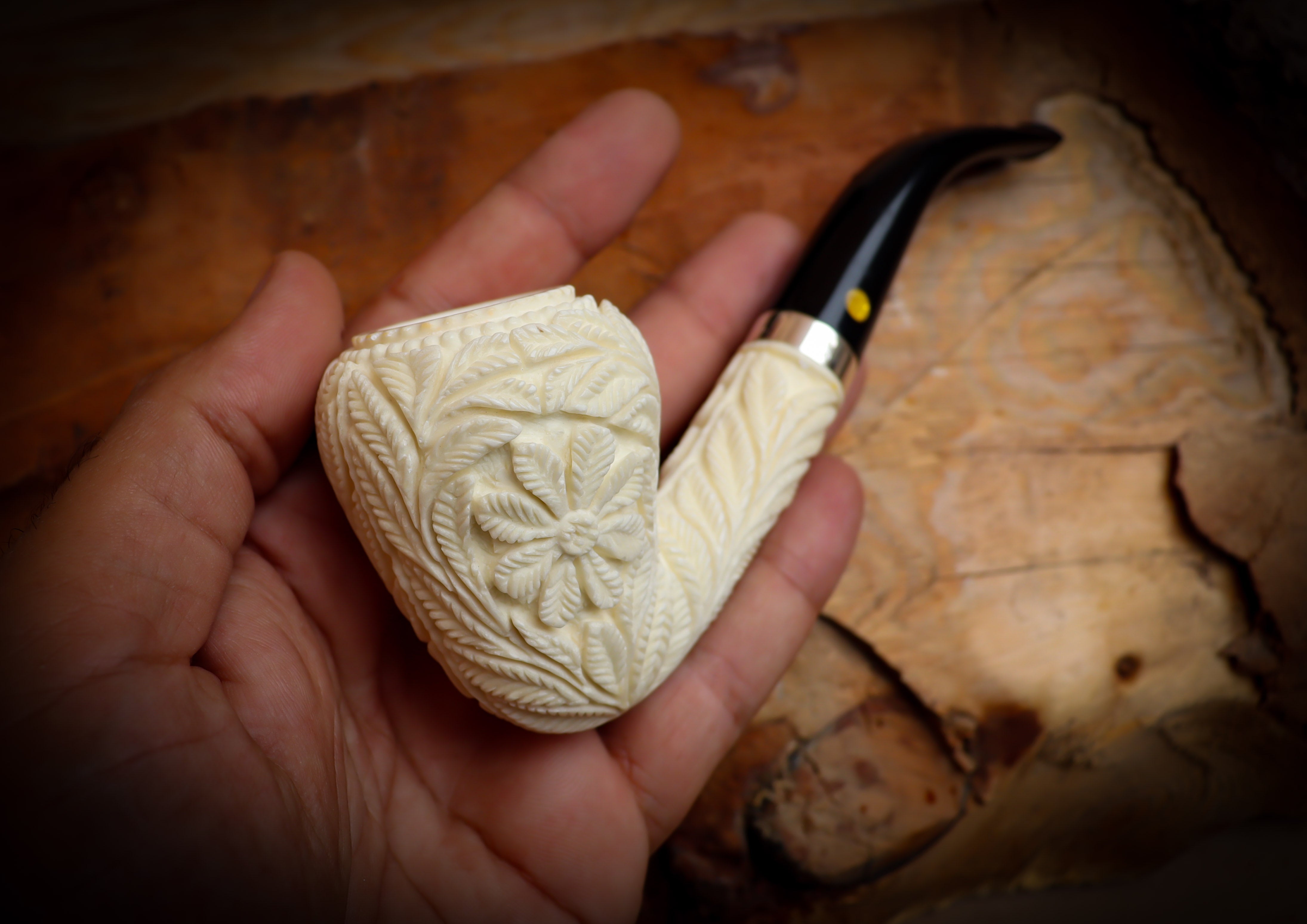 Floral Patterned Meerschaum, Silver Special Handmade Pear Meerschaum Pipe With Leather Box-Astaş Meerschaum