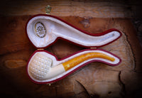 Embriodered Special Handmade Half Bent Block Meerschaum Pipe With Leather Box- Astaş Meerschaum