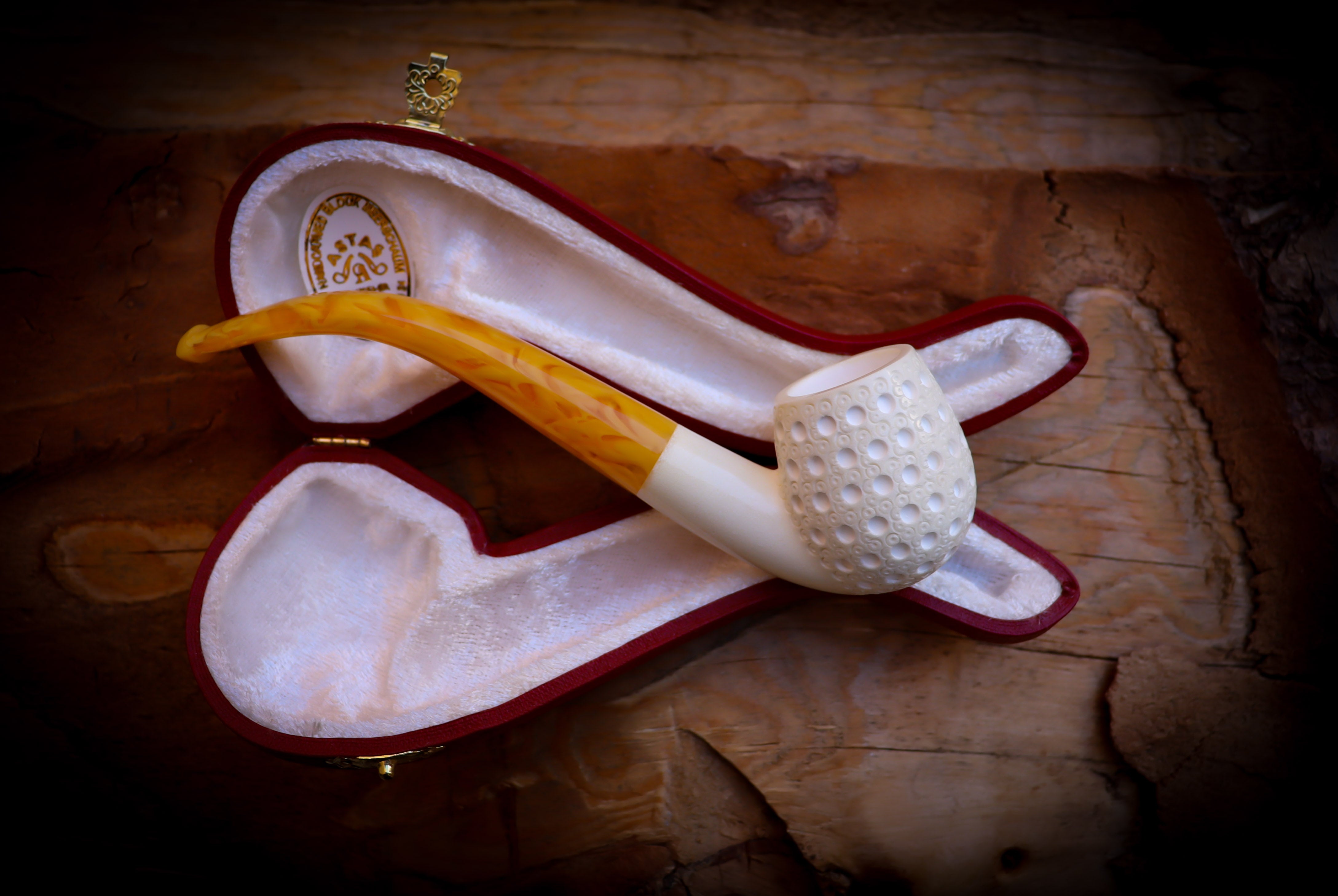 Embriodered Special Handmade Half Bent Block Meerschaum Pipe With Leather Box- Astaş Meerschaum