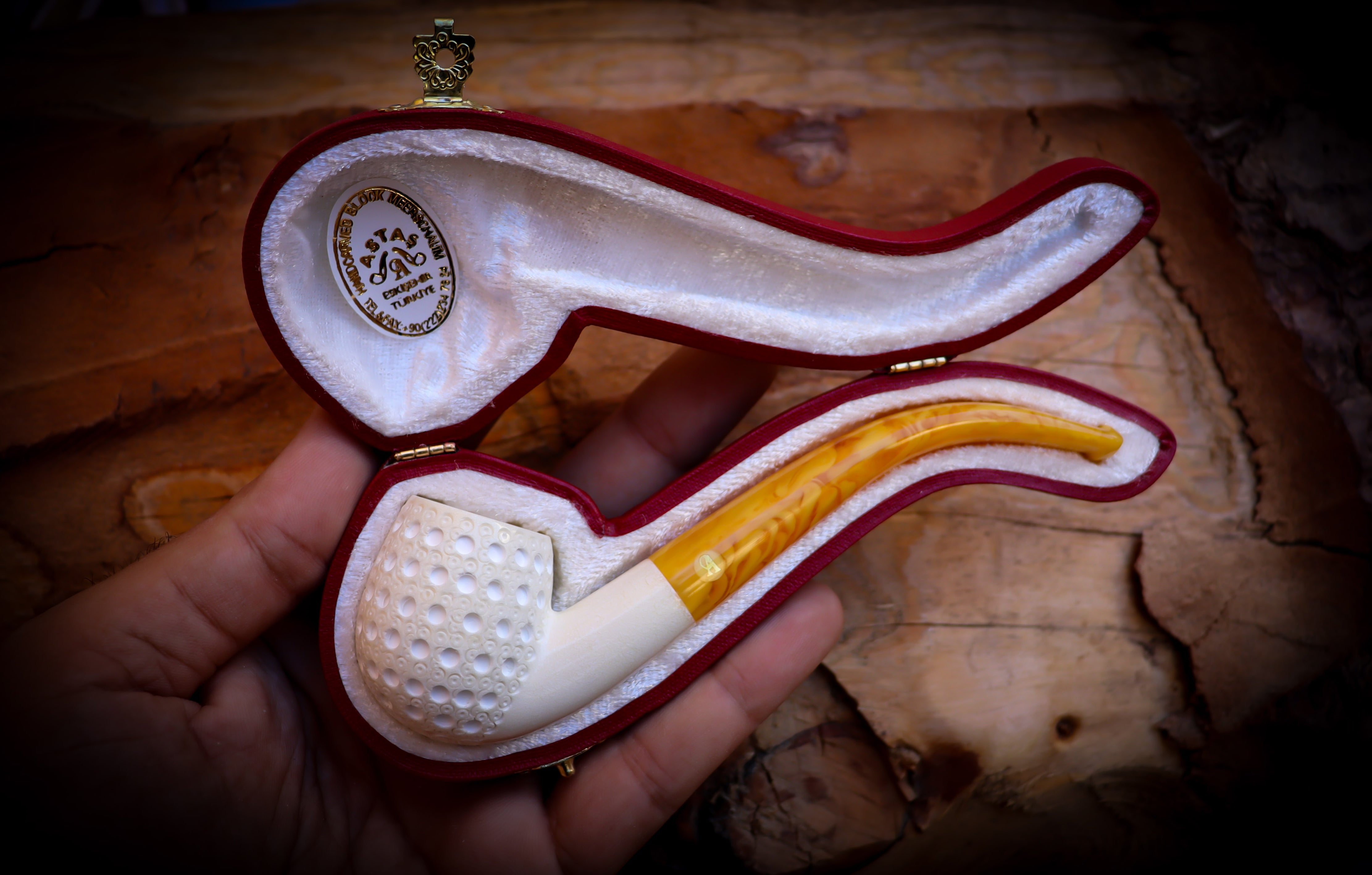 Embriodered Special Handmade Half Bent Block Meerschaum Pipe With Leather Box- Astaş Meerschaum