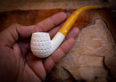 Embriodered Special Handmade Half Bent Block Meerschaum Pipe With Leather Box- Astaş Meerschaum