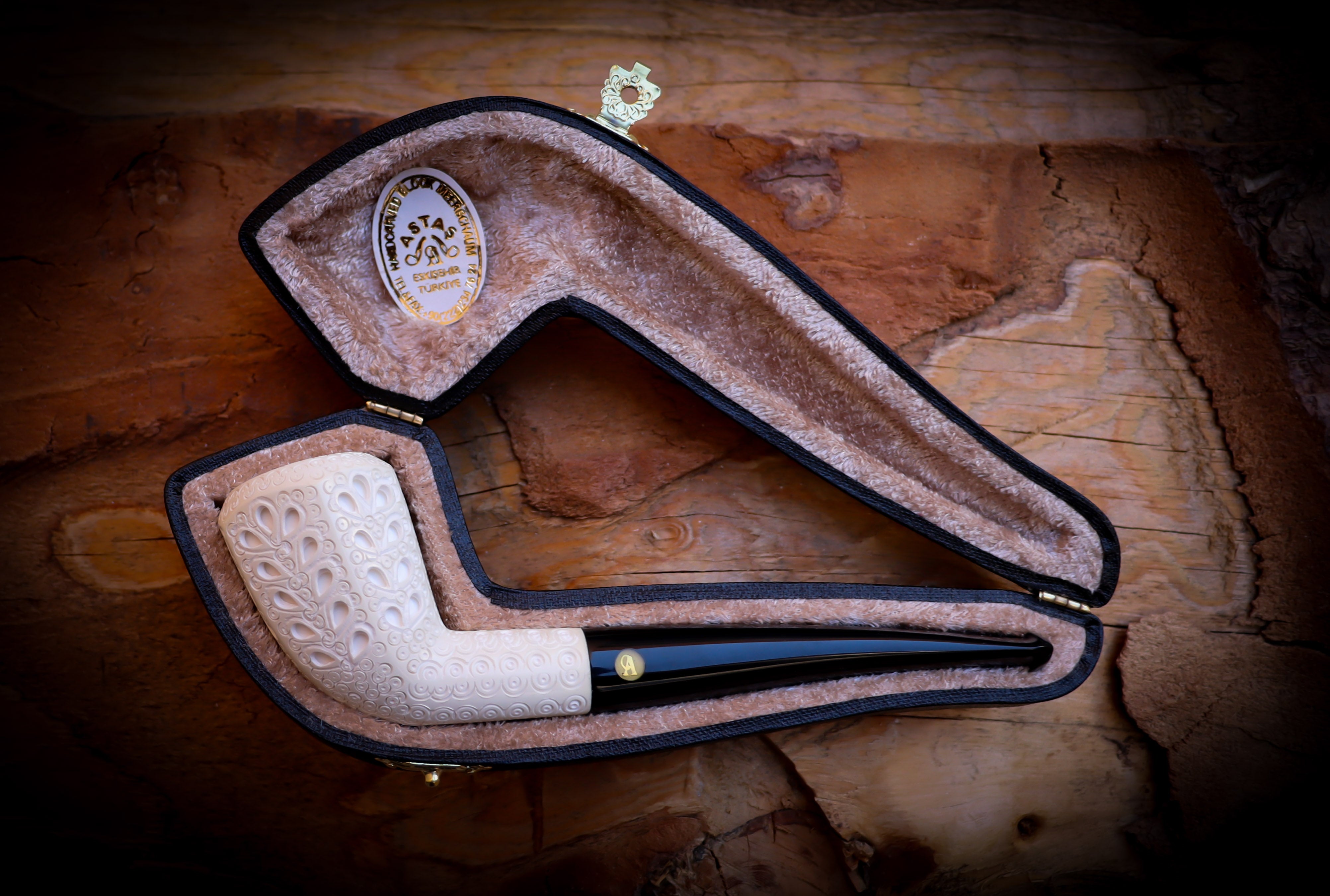 Embriodered Handmade Panel Block Meerschaum Pipe With Leather Box- Astaş Meerschaum