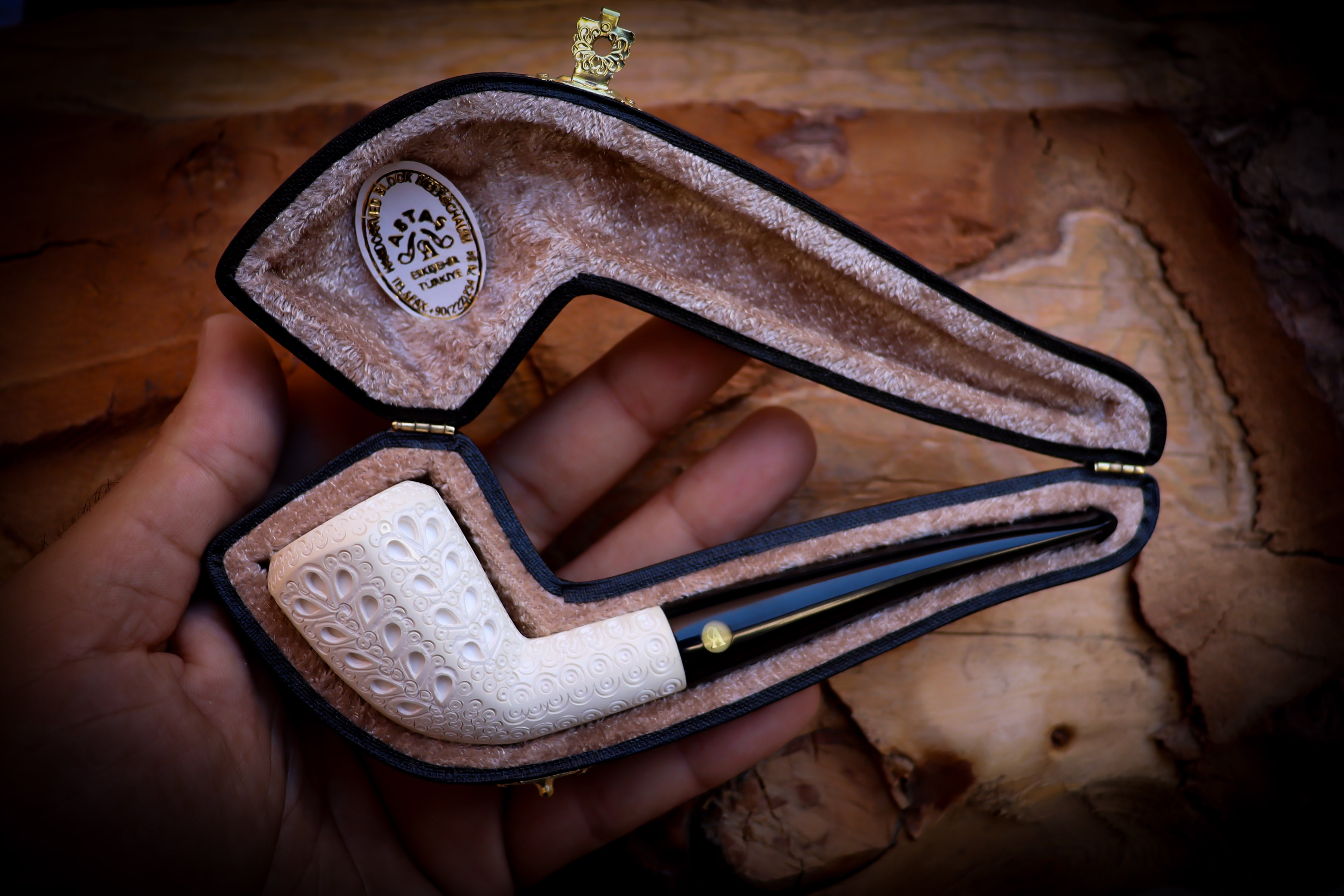 Embriodered Handmade Panel Block Meerschaum Pipe With Leather Box- Astaş Meerschaum