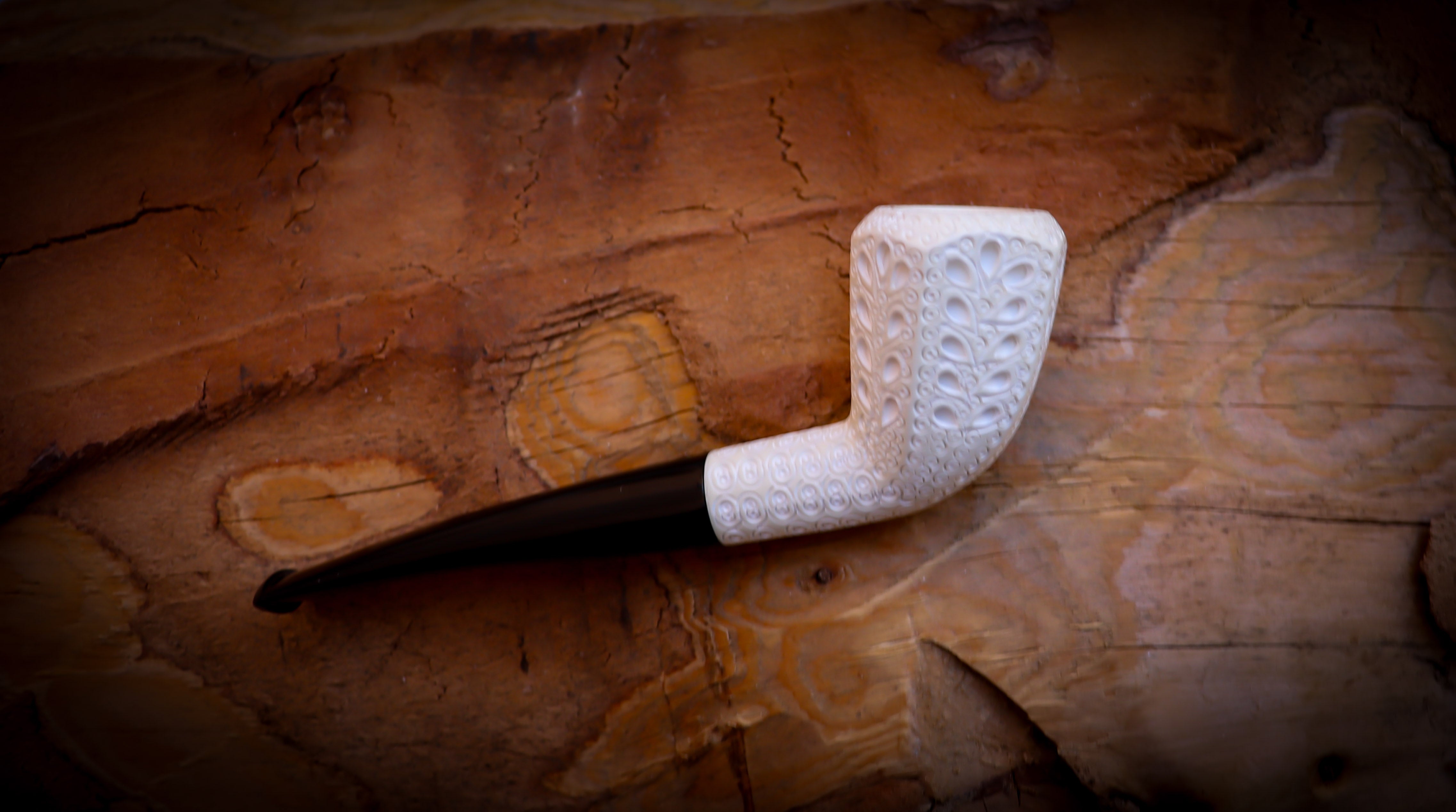 Embriodered Handmade Panel Block Meerschaum Pipe With Leather Box- Astaş Meerschaum