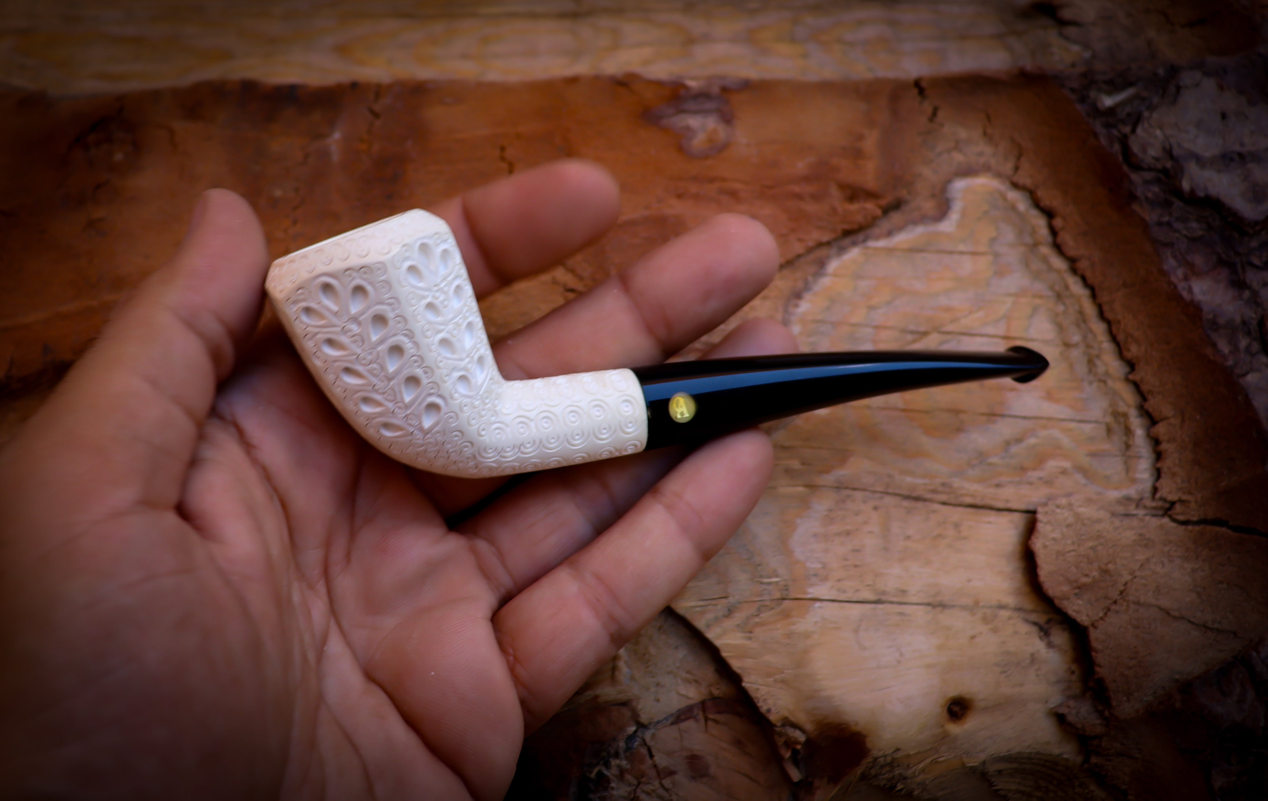 Embriodered Handmade Panel Block Meerschaum Pipe With Leather Box- Astaş Meerschaum