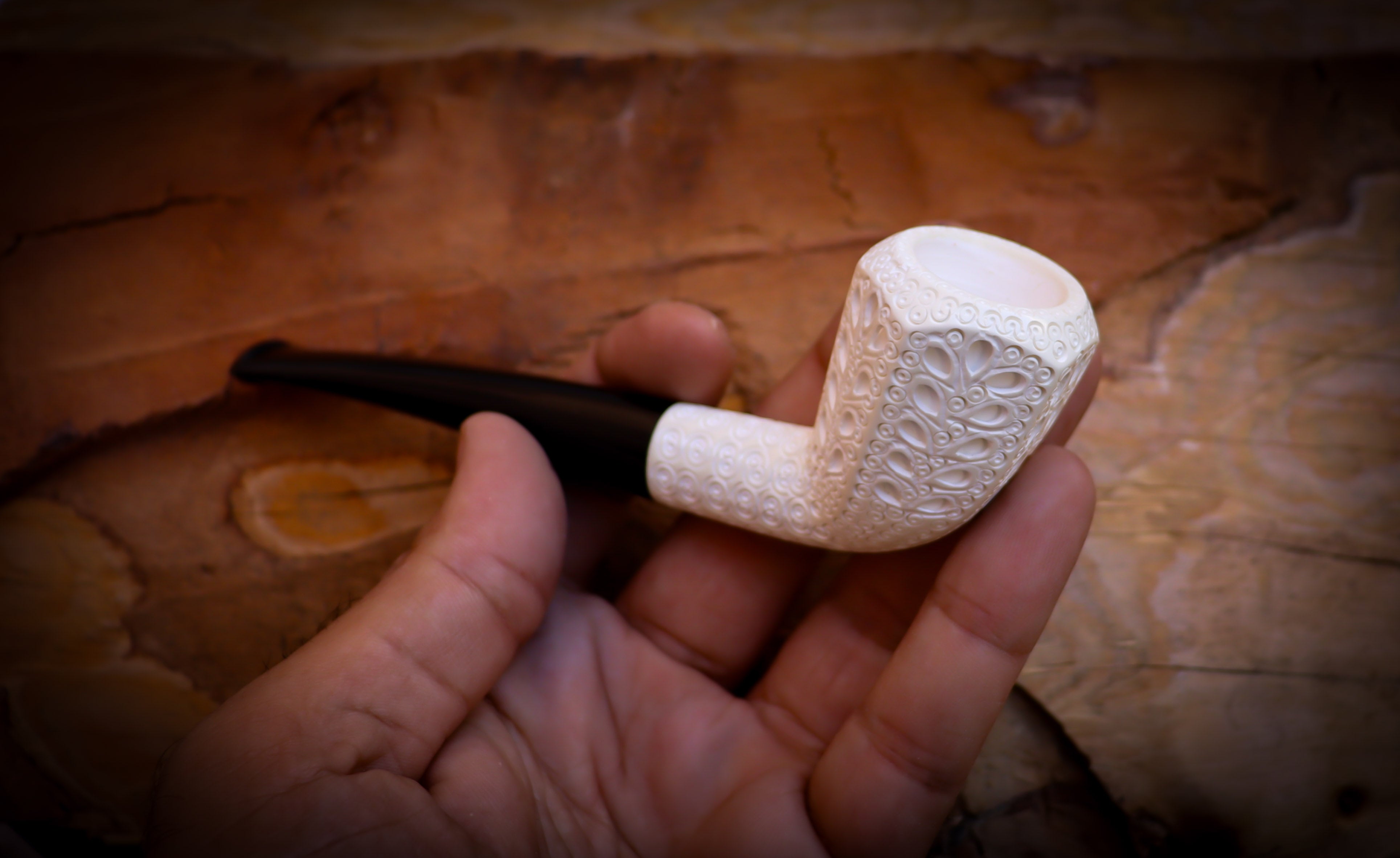 Embriodered Handmade Panel Block Meerschaum Pipe With Leather Box- Astaş Meerschaum