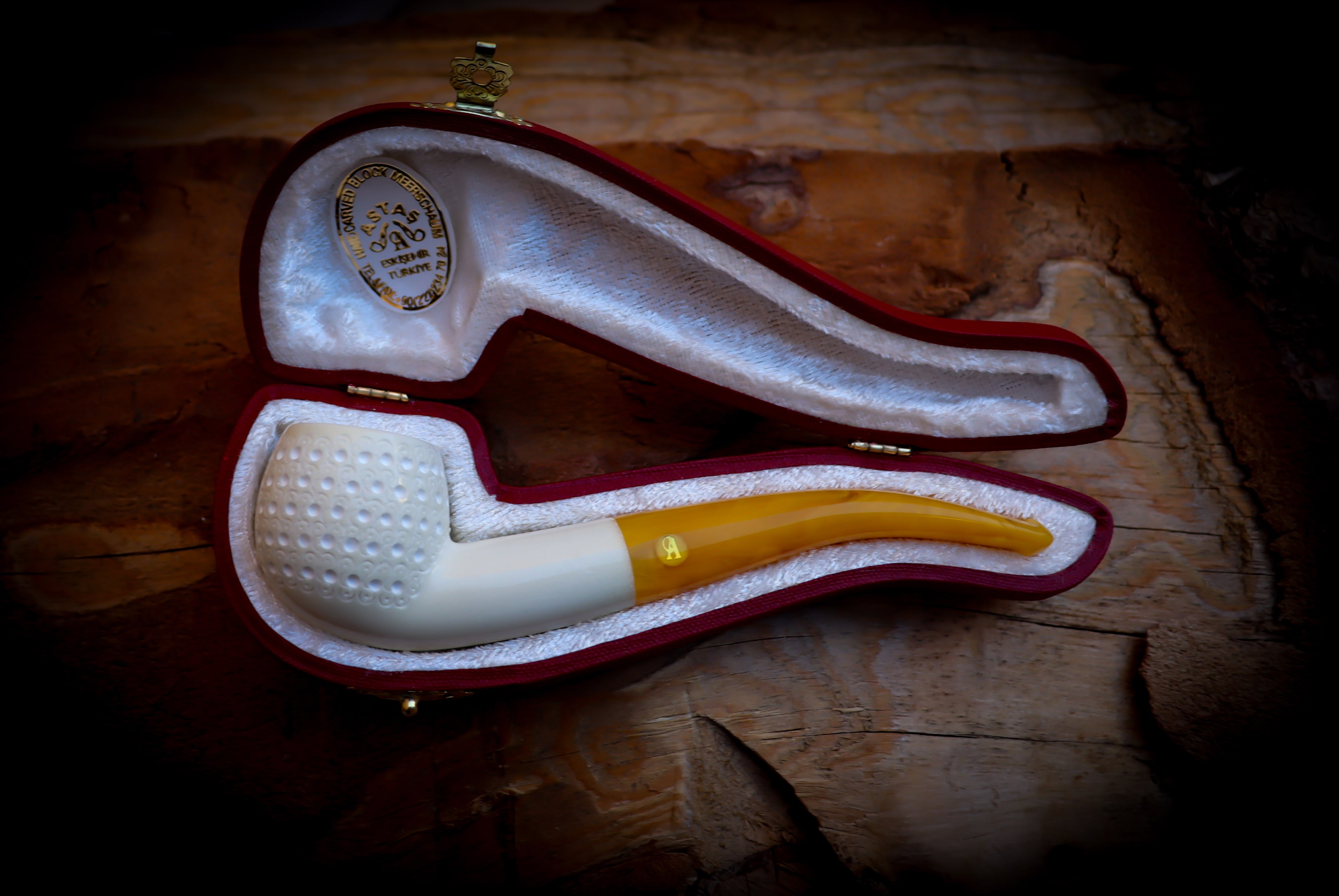 Bent Meerschaum, Embriodered Special Handmade Bent Meerschaum Pipe With Leather Box- Astaş Meerschaum
