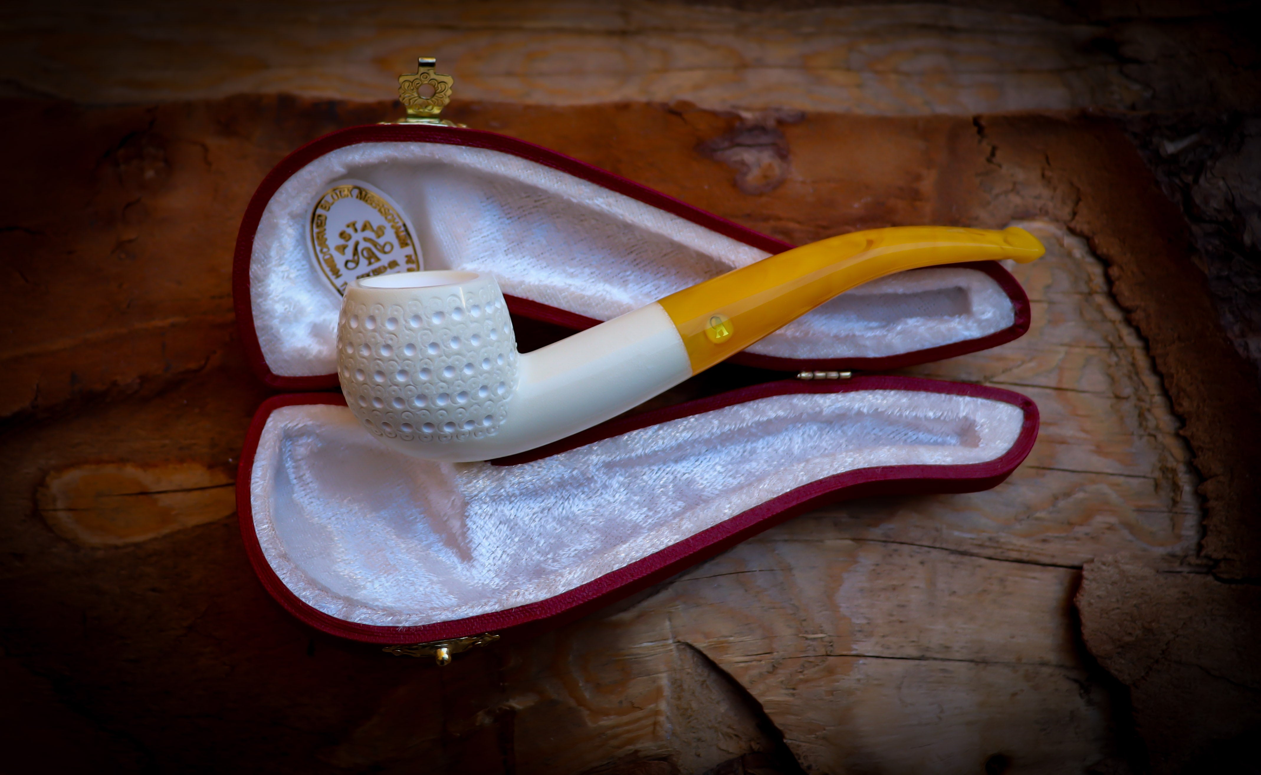 Bent Meerschaum, Embriodered Special Handmade Bent Meerschaum Pipe With Leather Box- Astaş Meerschaum