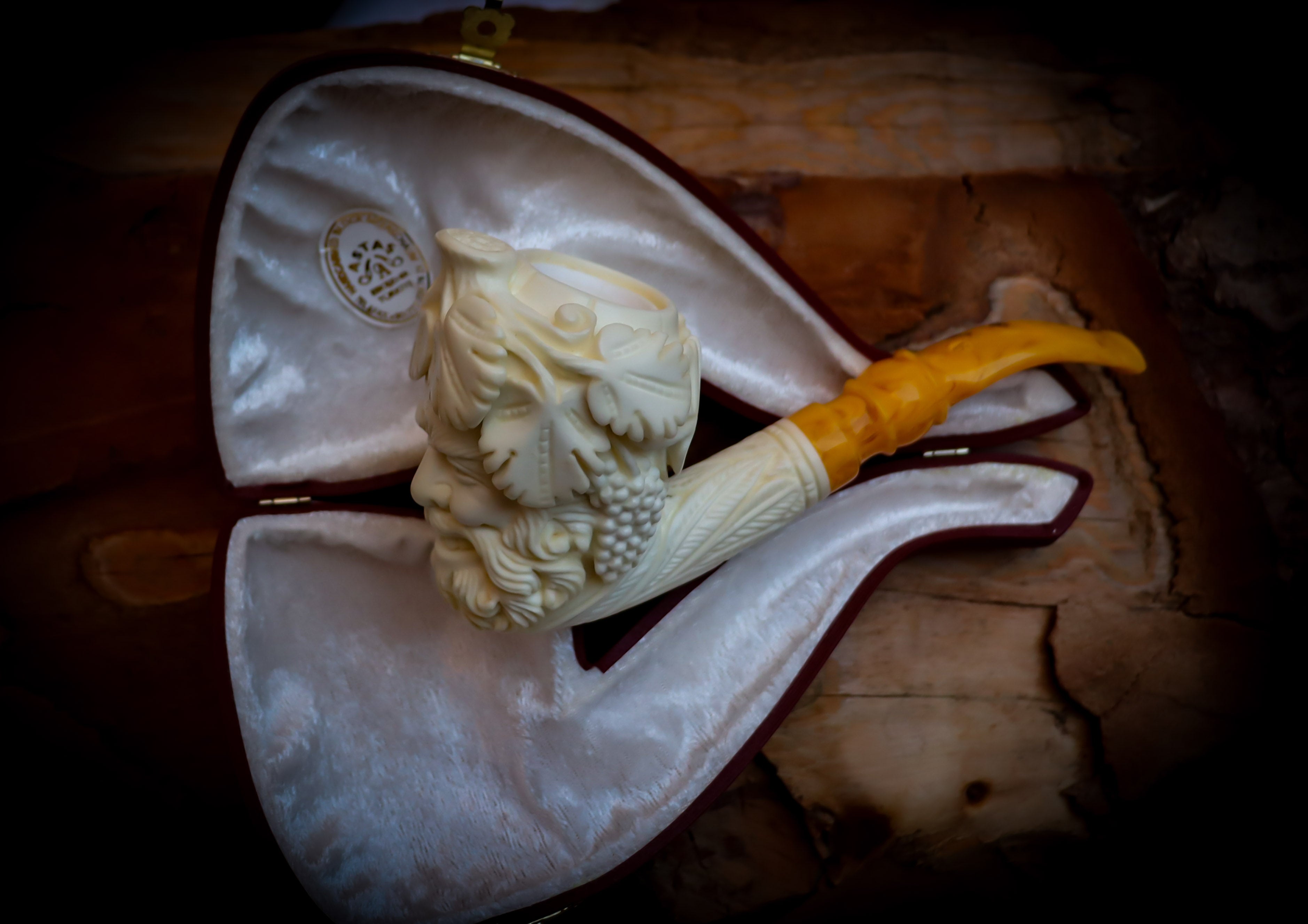 Bacchus Meerschaum, Special Handmade Large Size Bacchus Meerschaum Pipe With Leather Box- Astaş Meerschaum