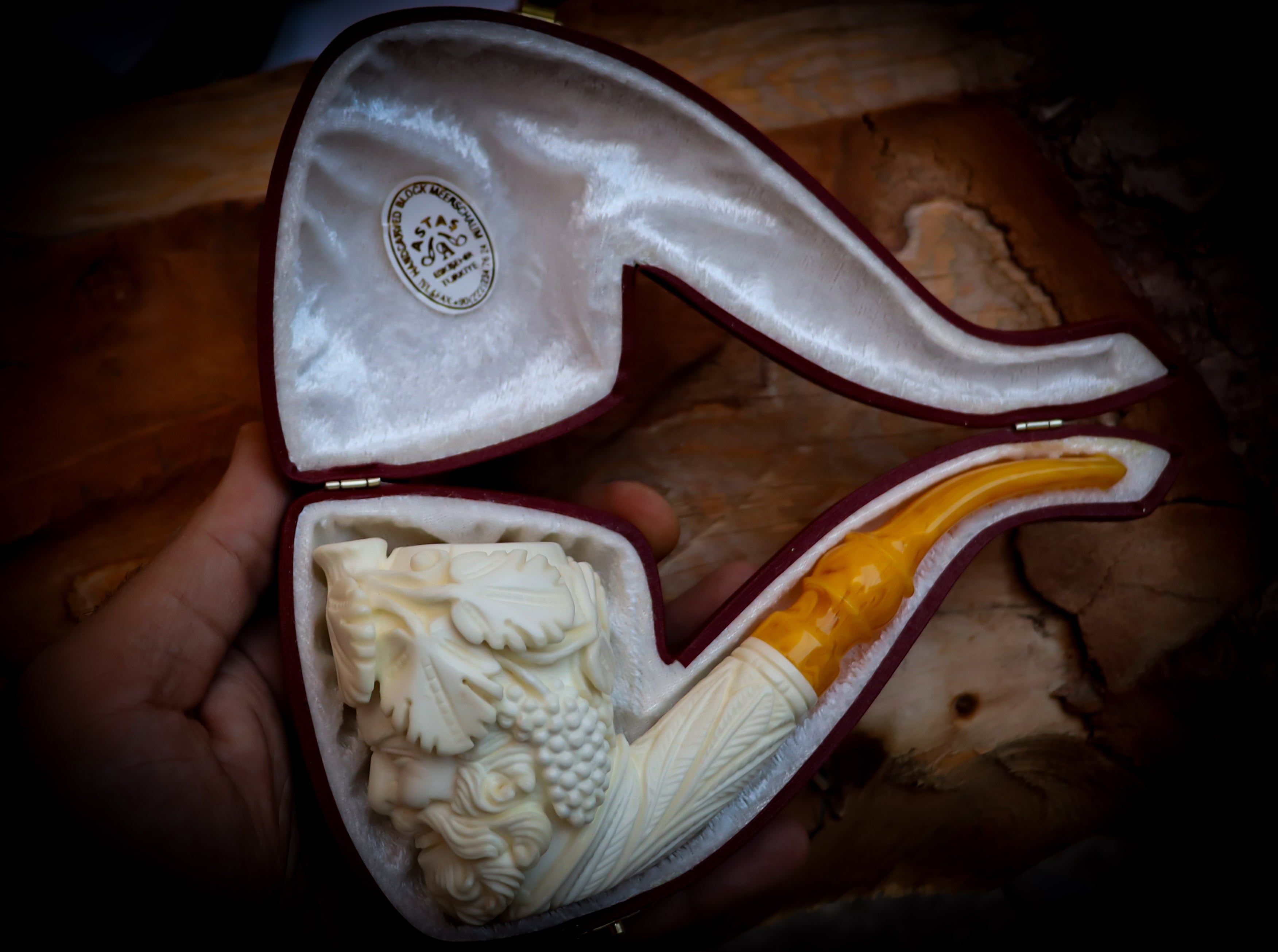 Bacchus Meerschaum, Special Handmade Large Size Bacchus Meerschaum Pipe With Leather Box- Astaş Meerschaum