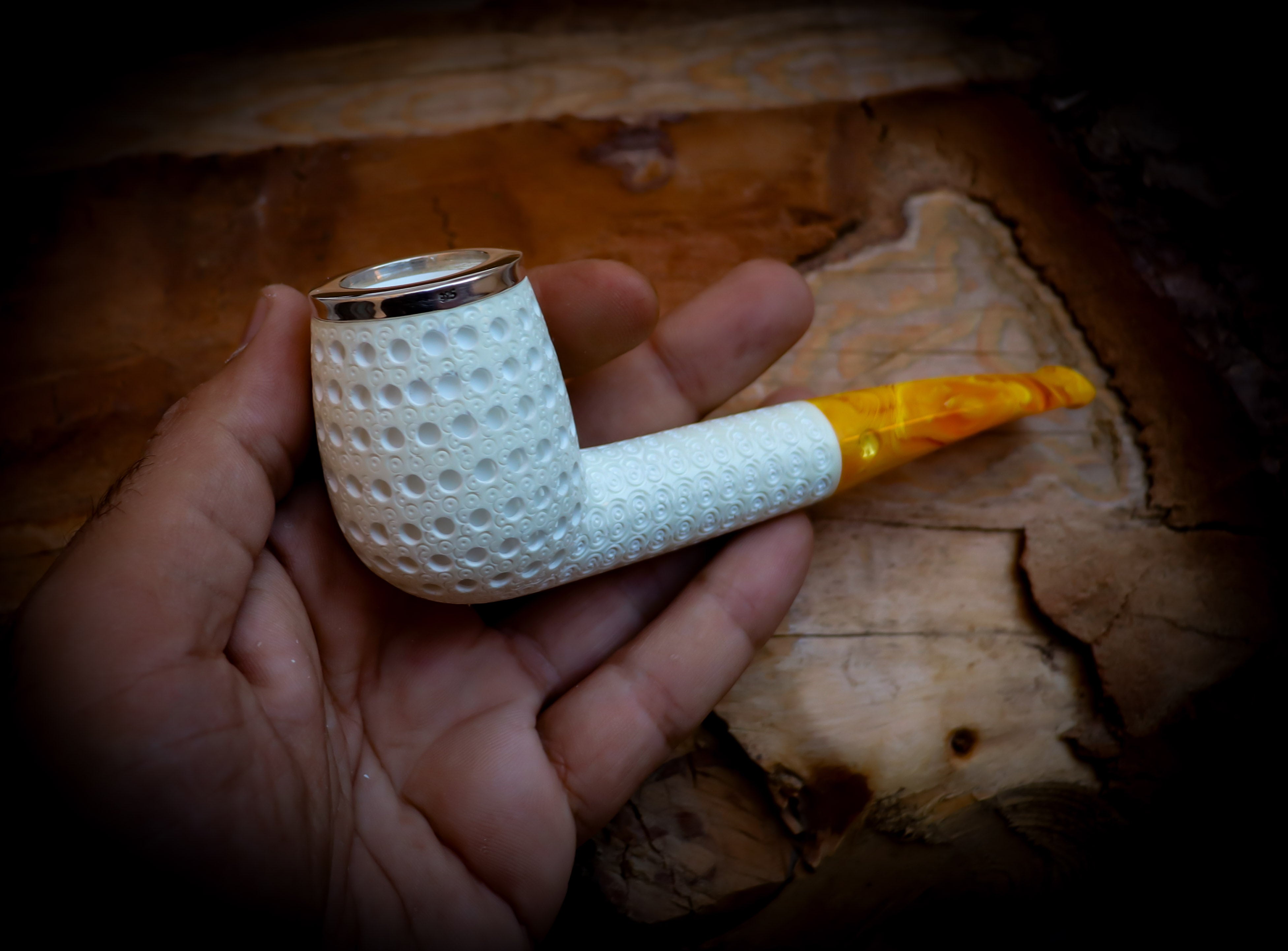 9MM Filtered Silver Embriodered Special Handmade  Large Size Billard Meerschaum Pipe With Leather Box-Astaş Meerschaum