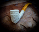 Floral Patterned Meerschaum, Special Handmade Poker Meerschaum Pipe With Leather Box-Astaş Meerschaum