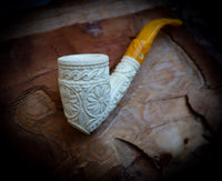 Floral Patterned Meerschaum, Special Handmade Poker Meerschaum Pipe With Leather Box-Astaş Meerschaum