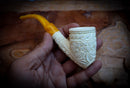 Floral Patterned Meerschaum, Special Handmade Poker Meerschaum Pipe With Leather Box-Astaş Meerschaum